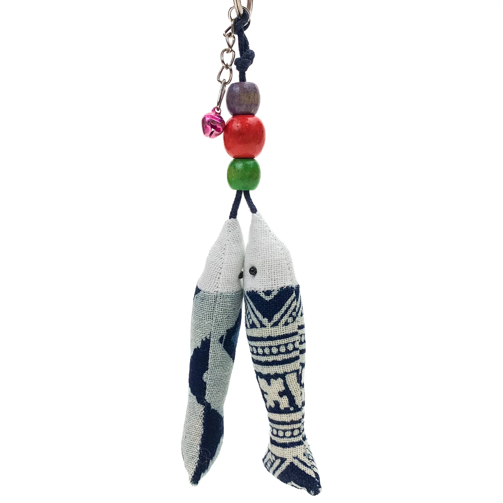 Hilltribe Indigo Ikat Double Fish Keychain, Pink Bell - Image 2