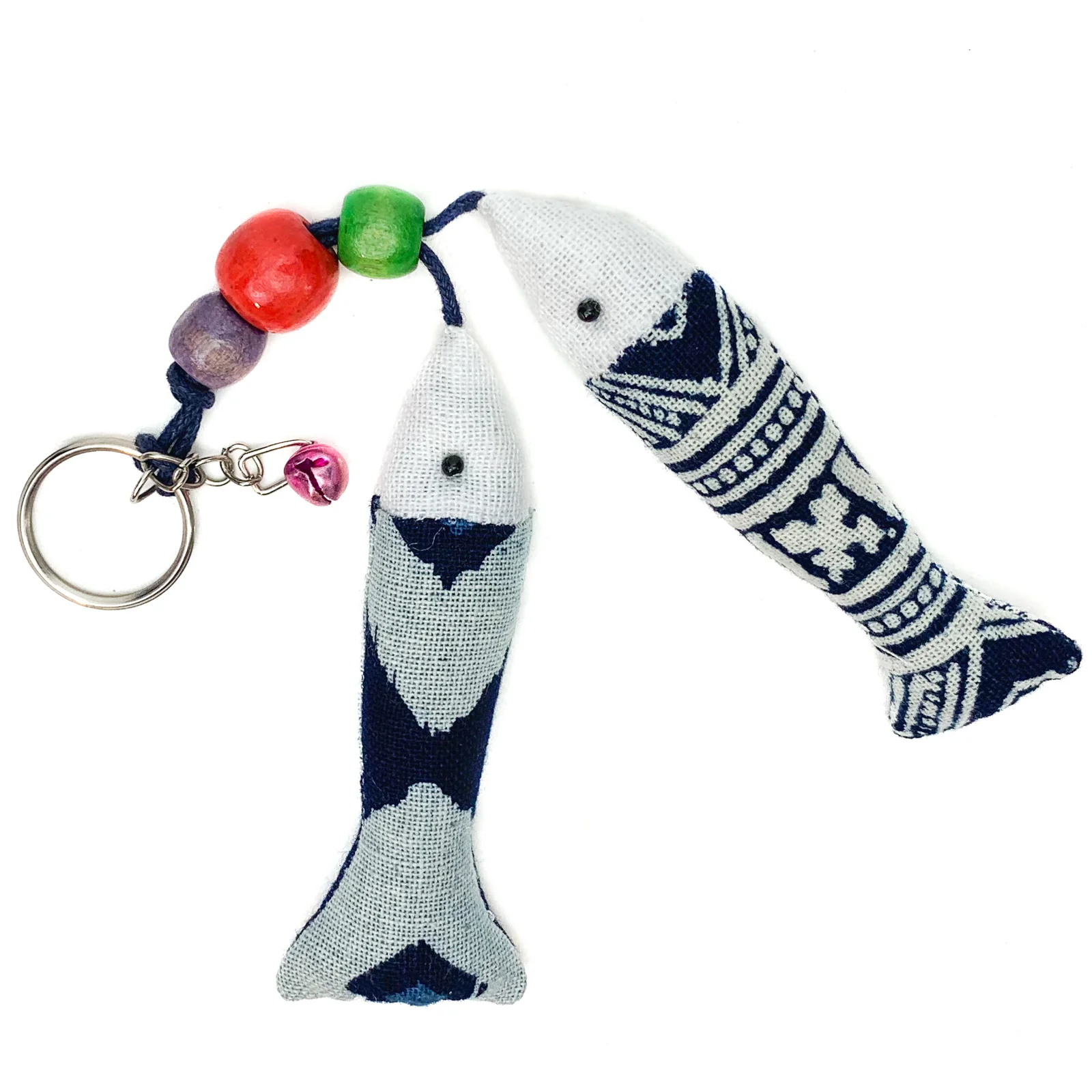 Hilltribe Indigo Ikat Double Fish Keychain, Pink Bell - Image 3