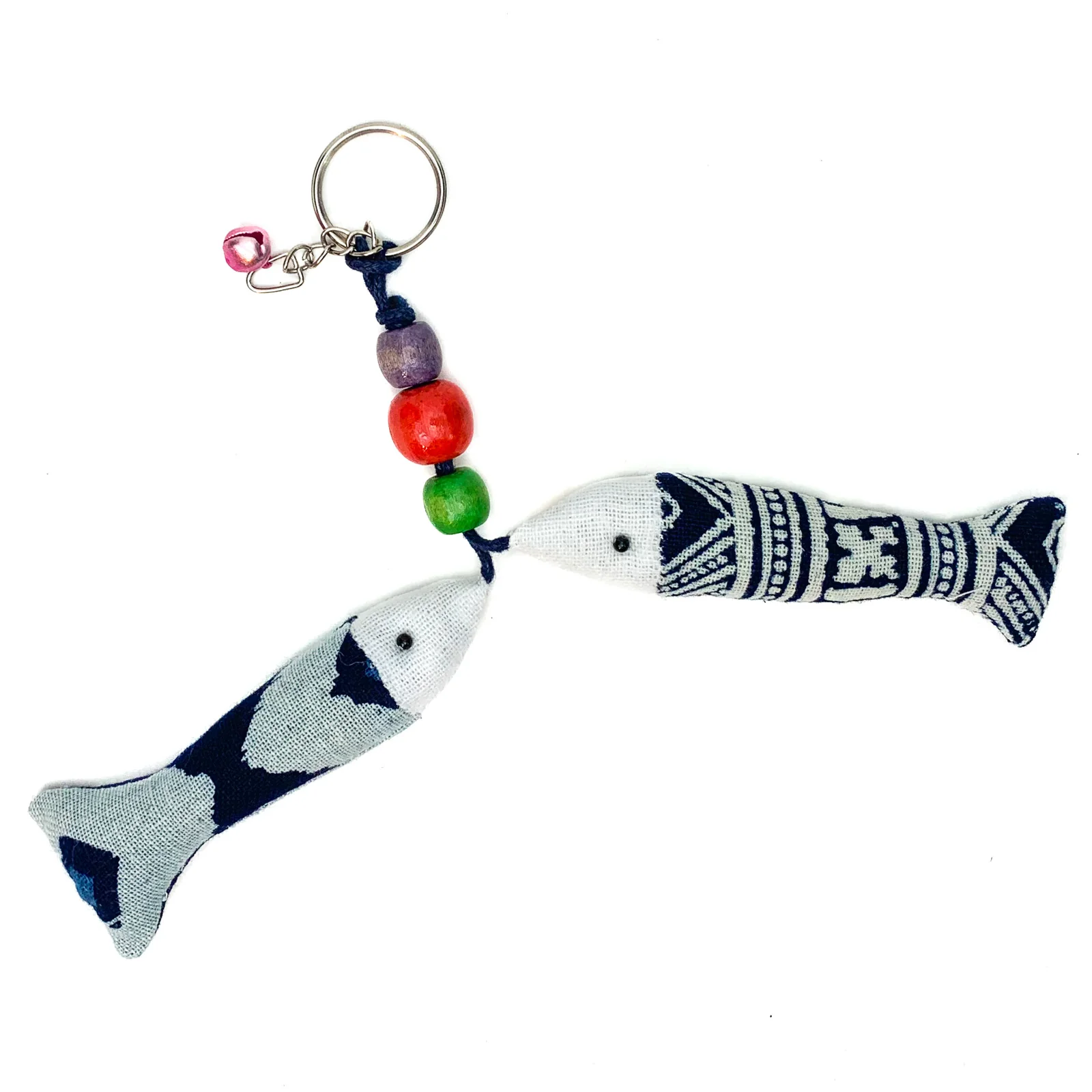Hilltribe Indigo Ikat Double Fish Keychain, Pink Bell - Image 4