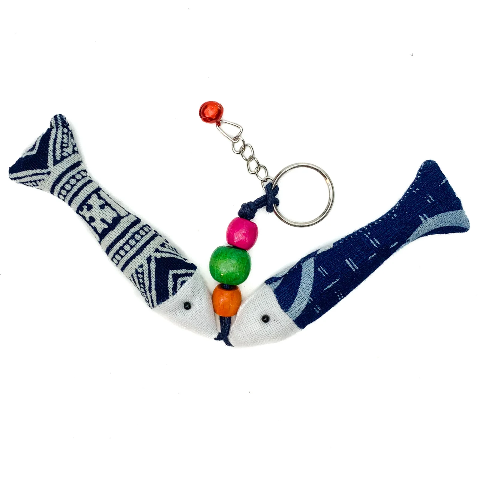 Hilltribe Indigo Ikat Double Fish Keychain, Red Bell - Image 2