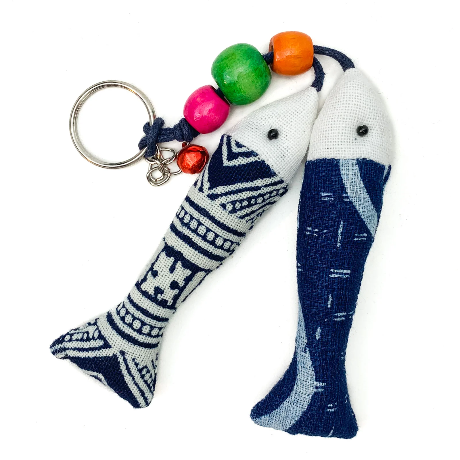 Hilltribe Indigo Ikat Double Fish Keychain, Red Bell - Image 3