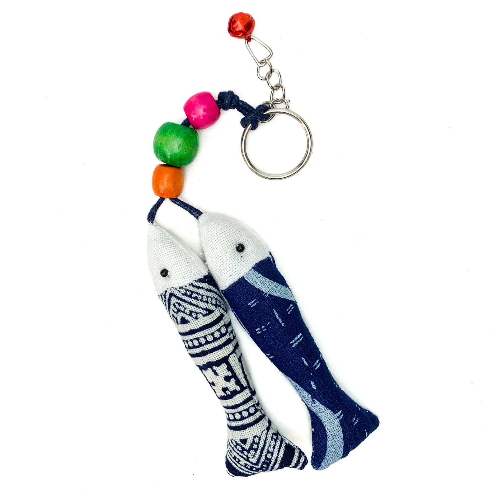 Hilltribe Indigo Ikat Double Fish Keychain, Red Bell - Image 4