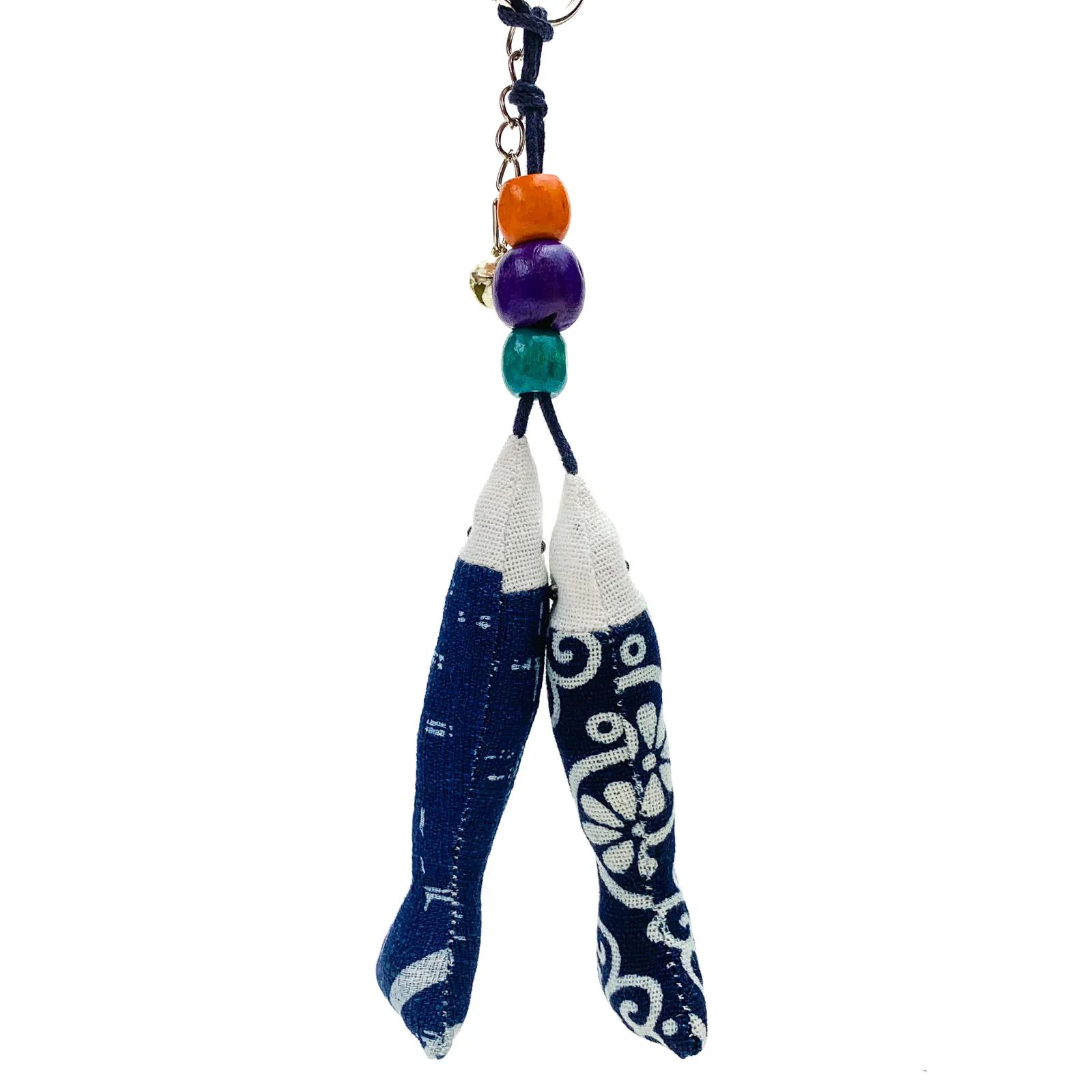 Hilltribe Indigo Ikat Double Fish Keychain, Silver Bell - Image 2