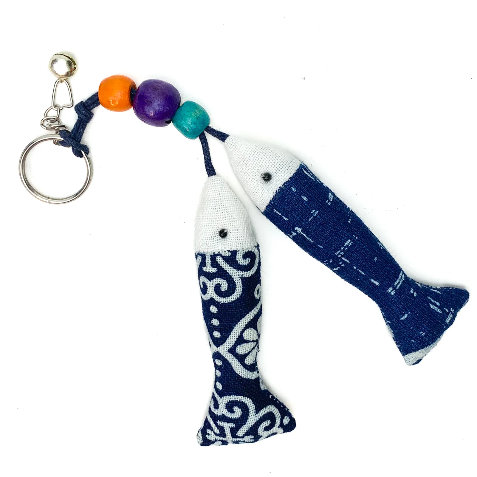 Hilltribe Indigo Ikat Double Fish Keychain, Silver Bell - Image 3