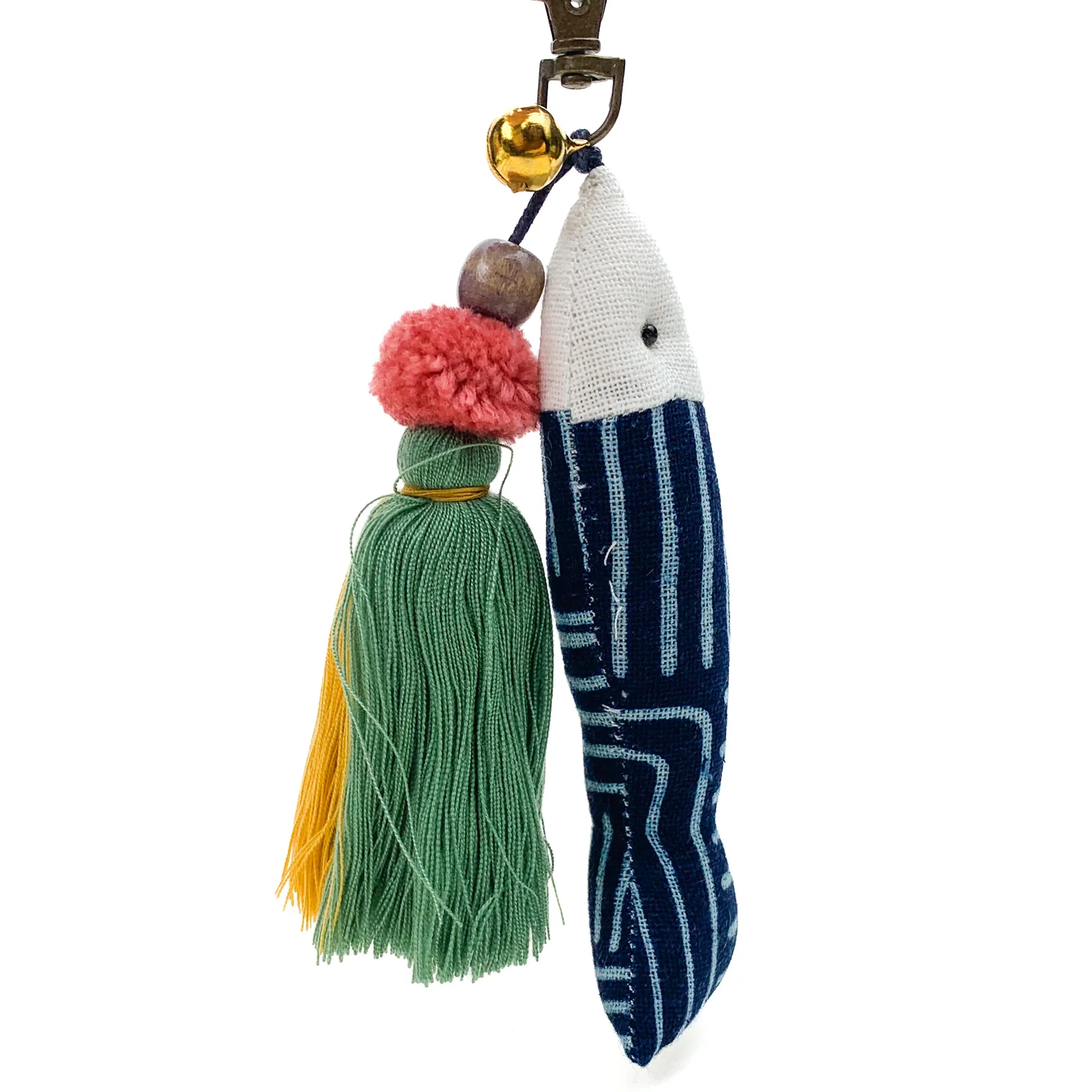 Hilltribe Indigo Ikat Fish & Tassel Keychain, Green Yellow Tassel - Image 2
