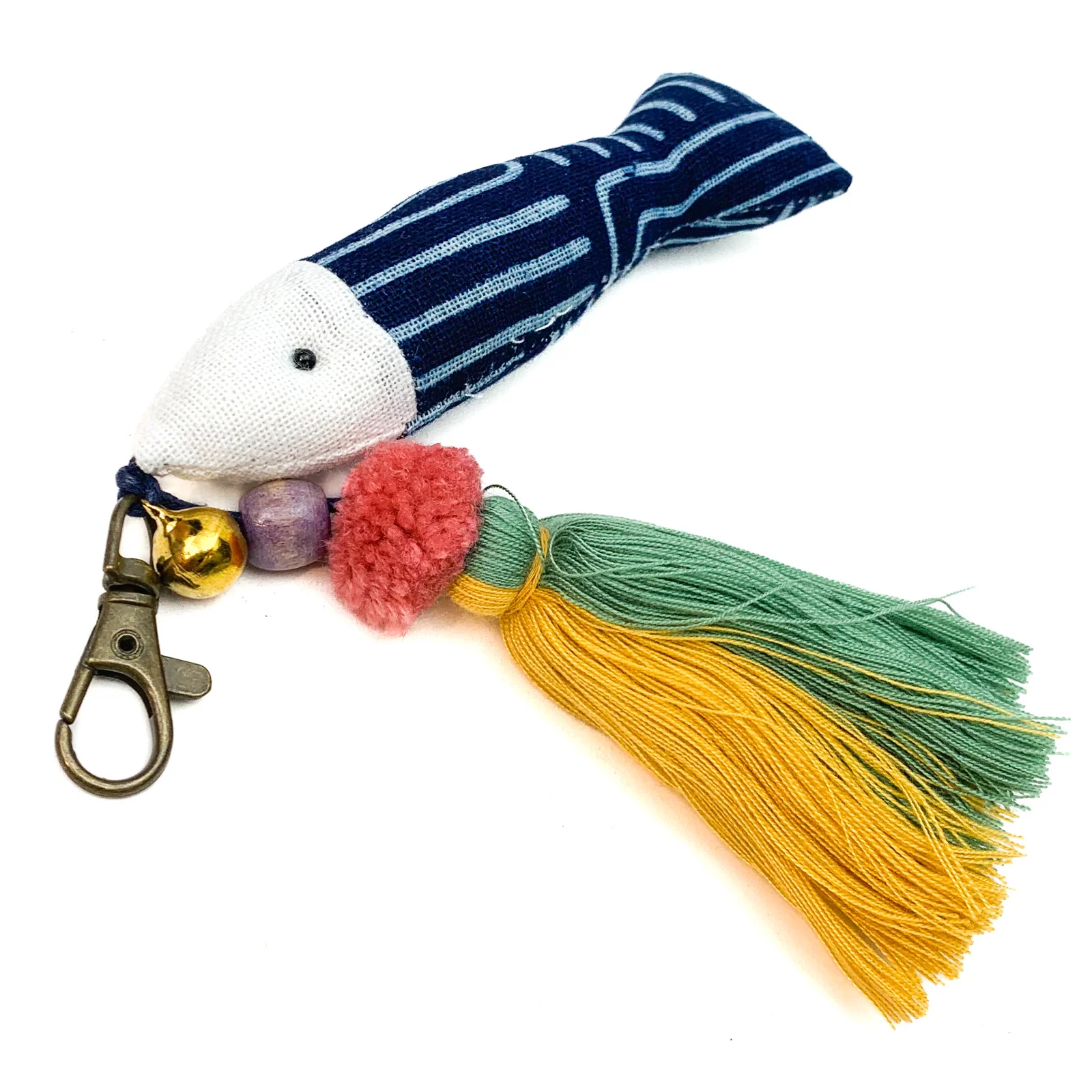 Hilltribe Indigo Ikat Fish & Tassel Keychain, Green Yellow Tassel - Image 3