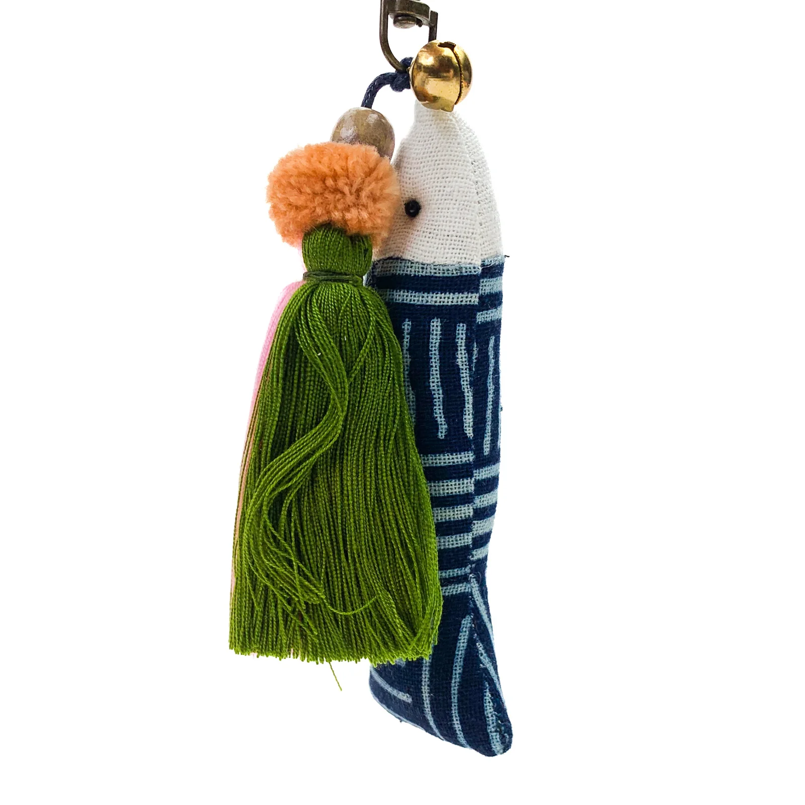 Hilltribe Indigo Ikat Fish & Tassel Keychain, Pink Green Tassel - Image 2