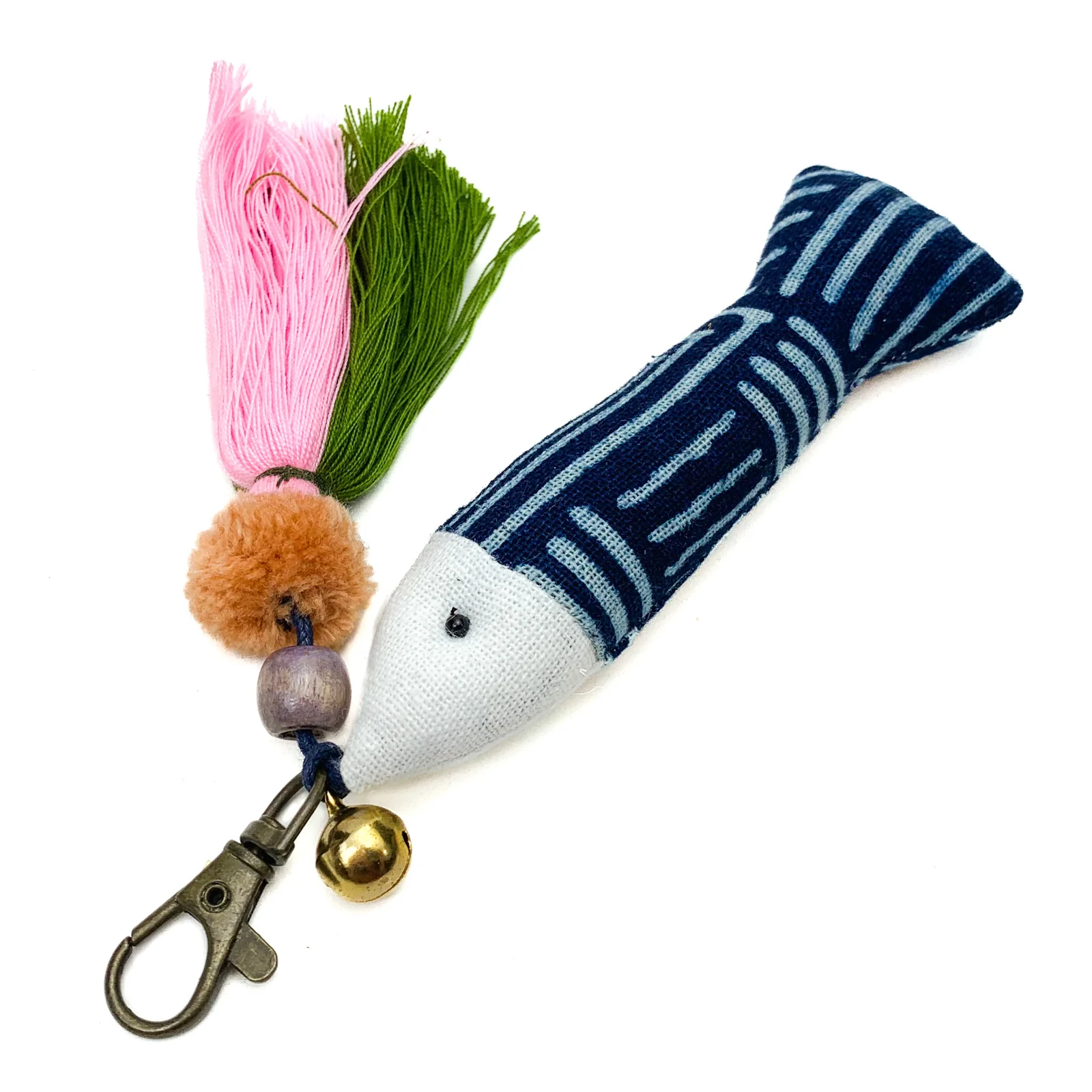 Hilltribe Indigo Ikat Fish & Tassel Keychain, Pink Green Tassel - Image 3