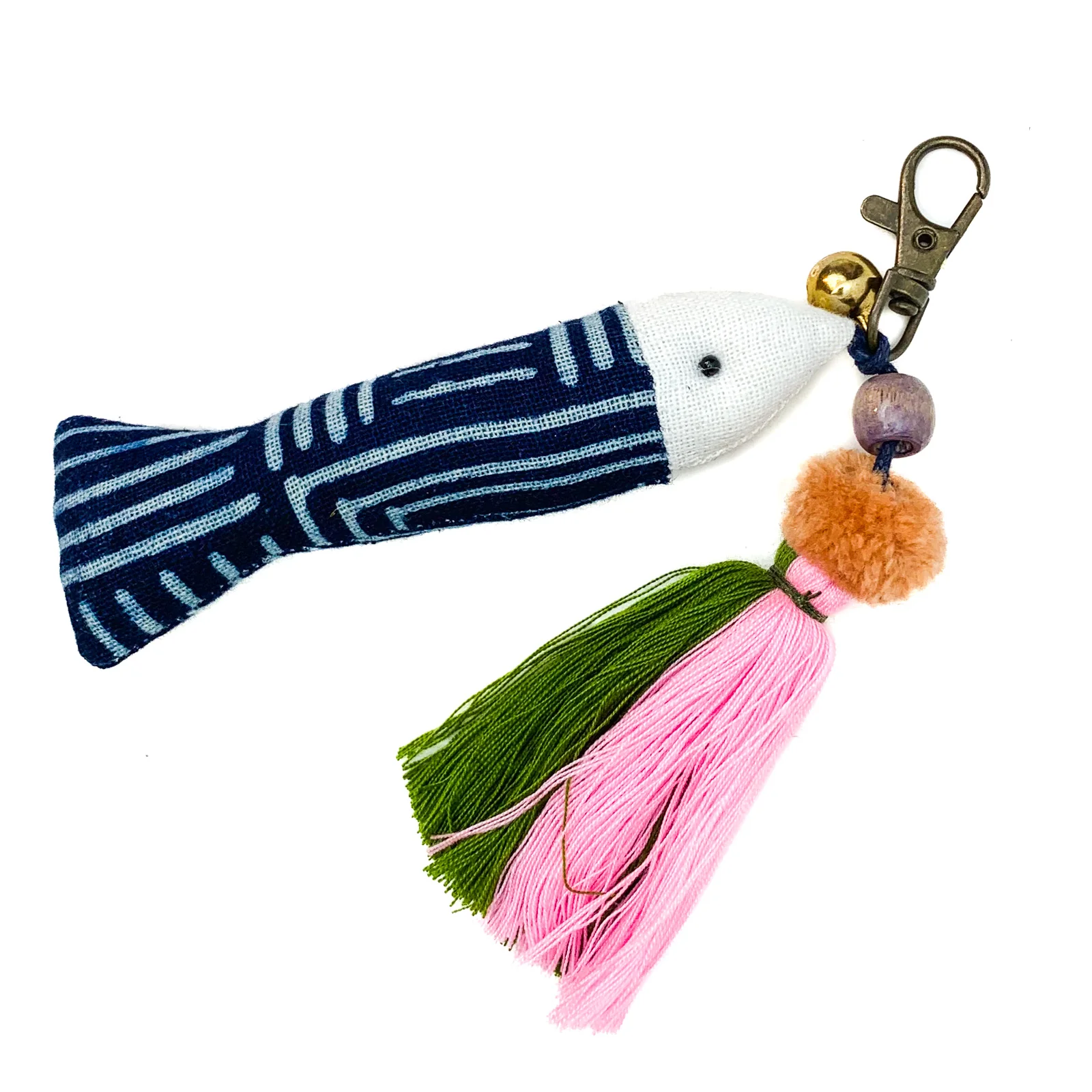 Hilltribe Indigo Ikat Fish & Tassel Keychain, Pink Green Tassel - Image 4