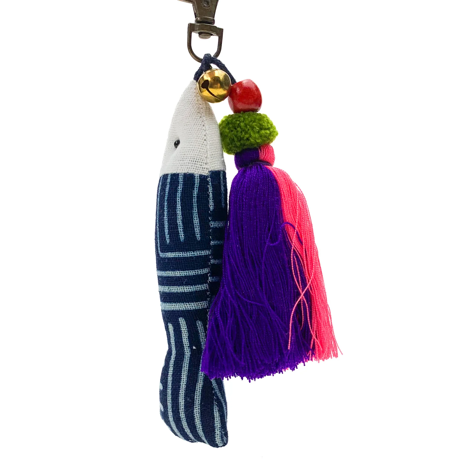 Hilltribe Indigo Ikat Fish & Tassel Keychain, Pink Purple Tassel - Image 2