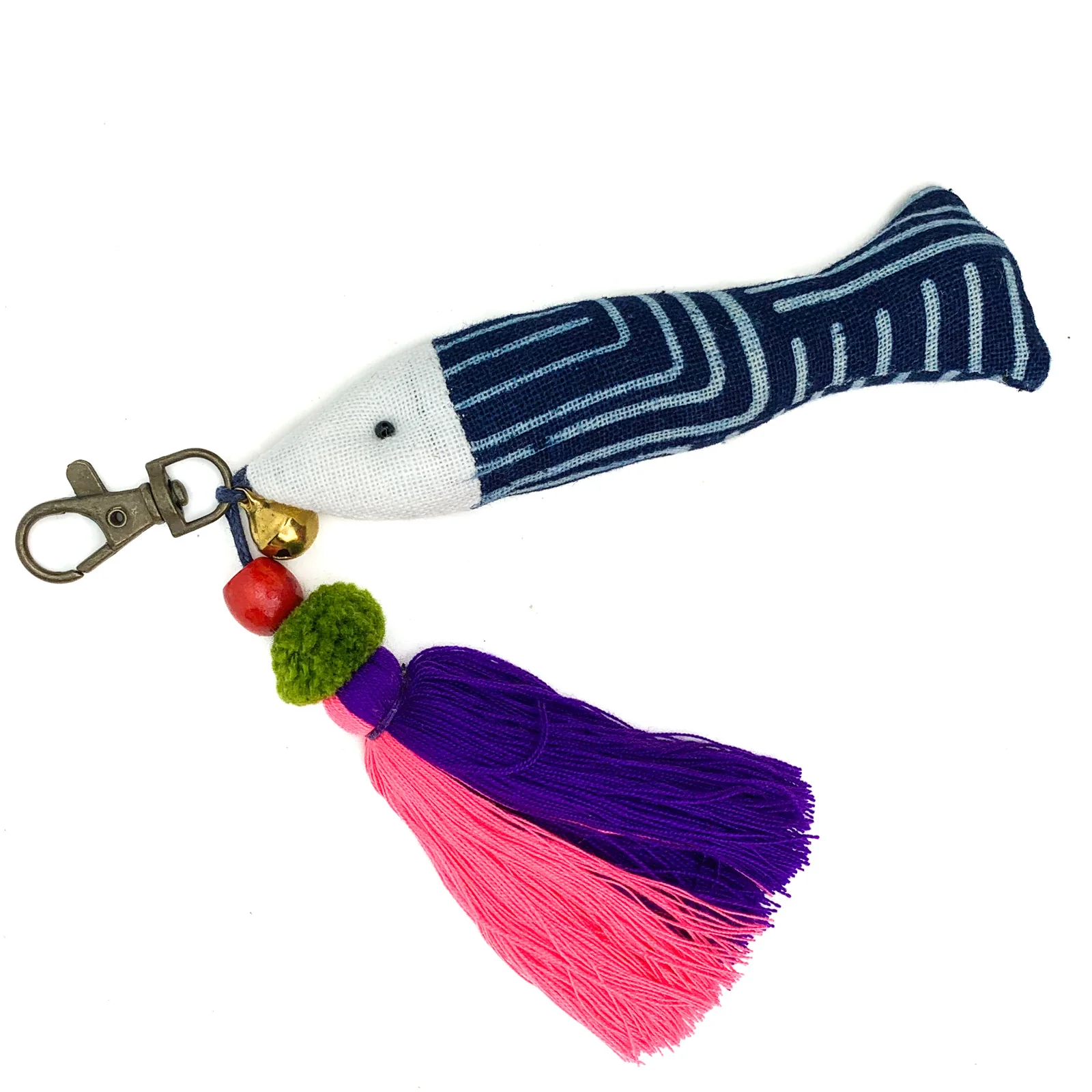 Hilltribe Indigo Ikat Fish & Tassel Keychain, Pink Purple Tassel - Image 3