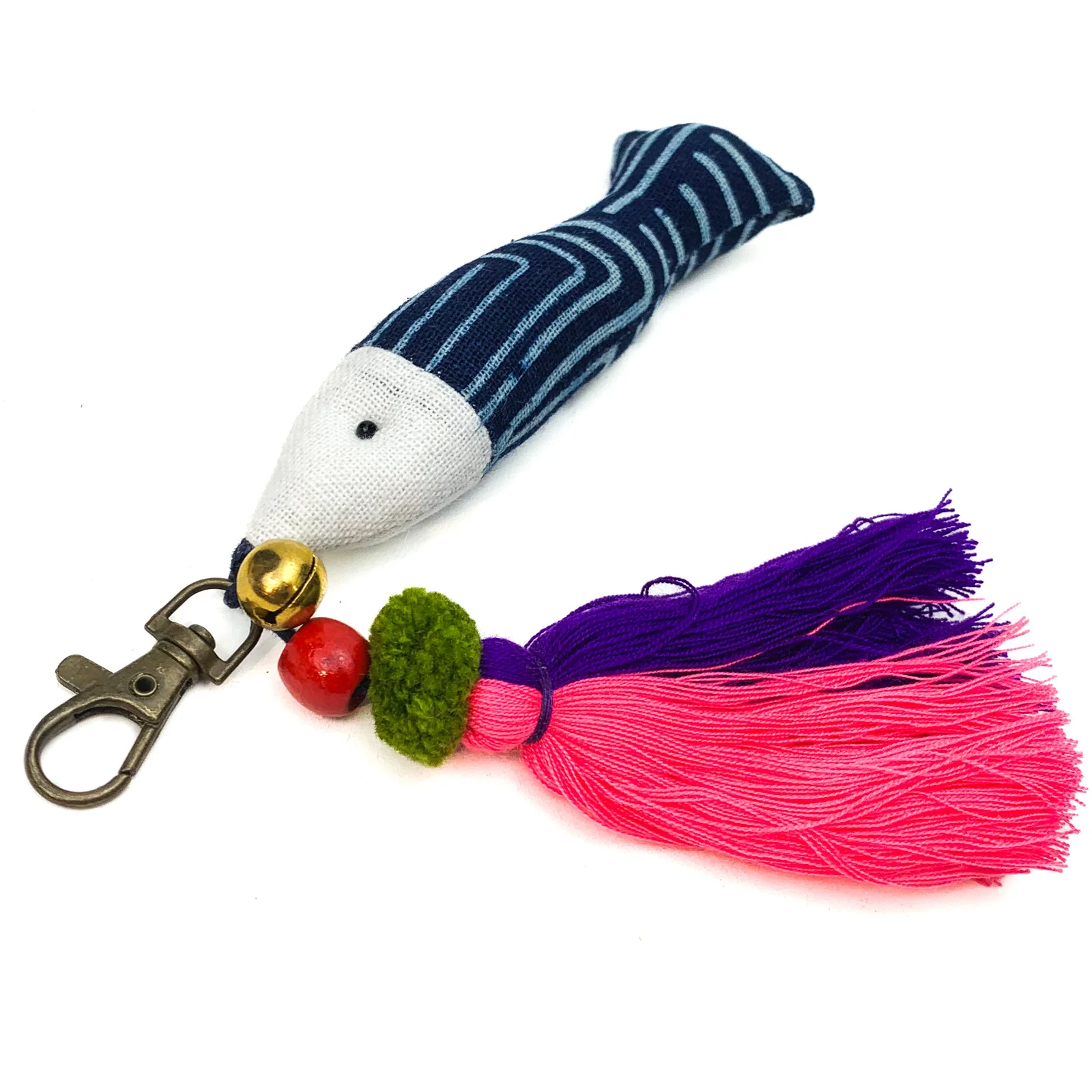 Hilltribe Indigo Ikat Fish & Tassel Keychain, Pink Purple Tassel - Image 4