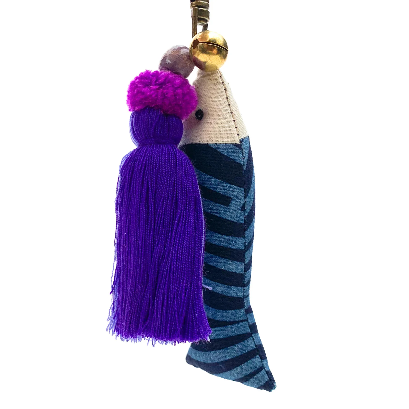 Hilltribe Indigo Ikat Fish & Tassel Keychain, Purple Tassel - Image 2