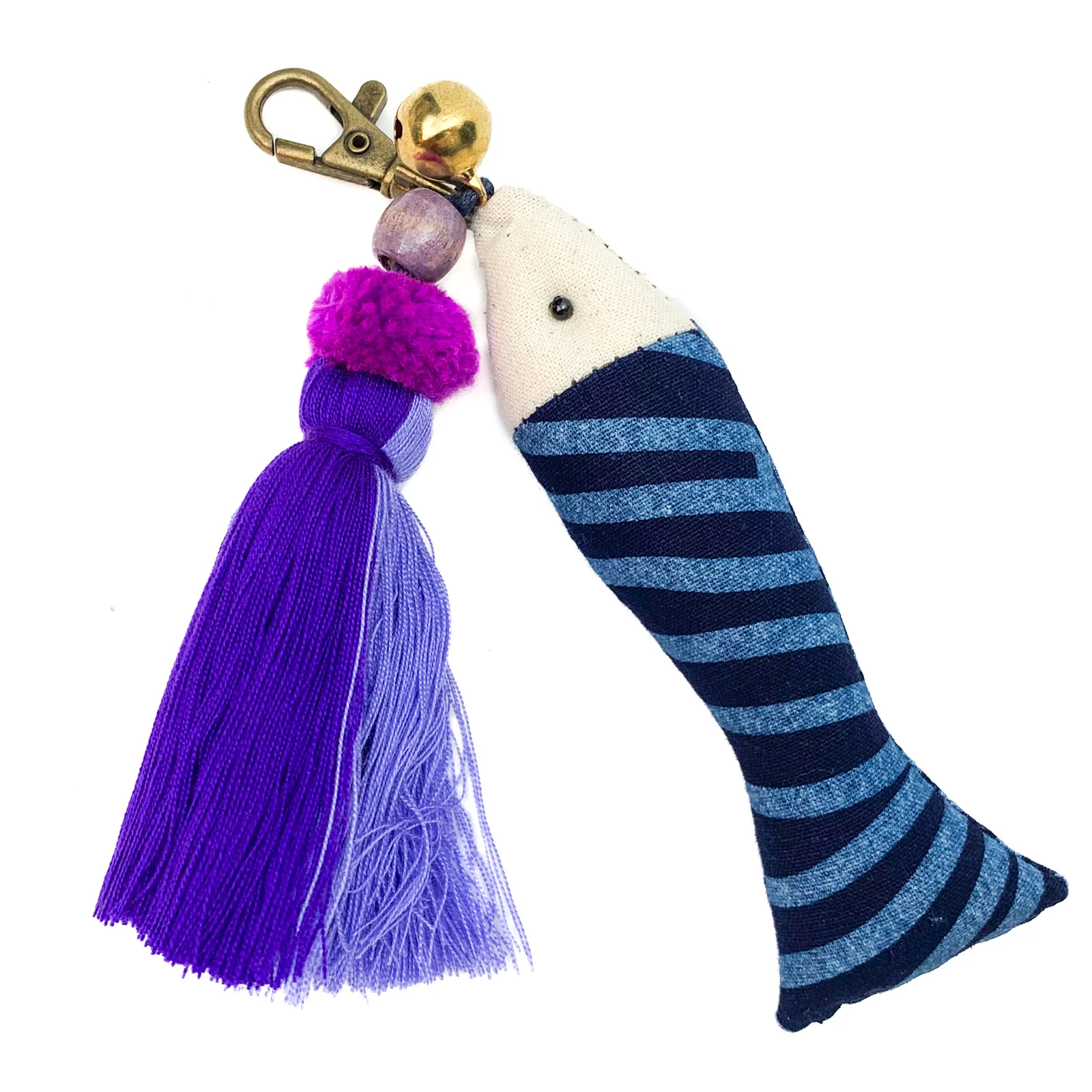 Hilltribe Indigo Ikat Fish & Tassel Keychain, Purple Tassel - Image 4