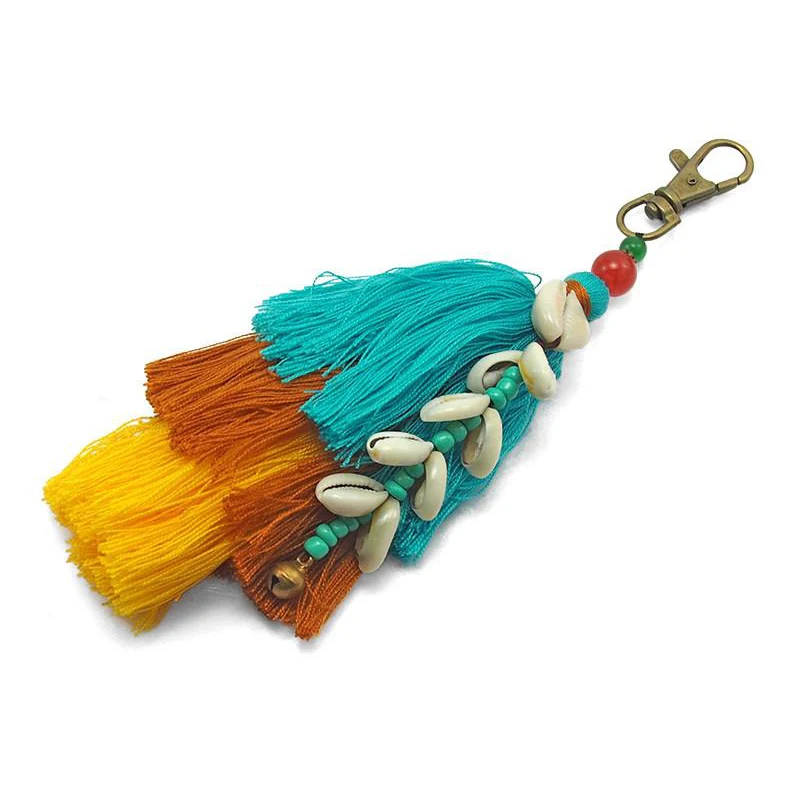 Hilltribe Tassel Keychain With Bell and Cowry Shell, C - Image 3