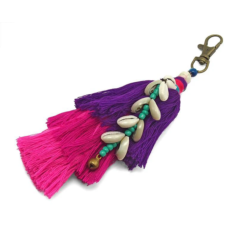 Hilltribe Tassel Keychain With Bell and Cowry Shell, C - Image 4