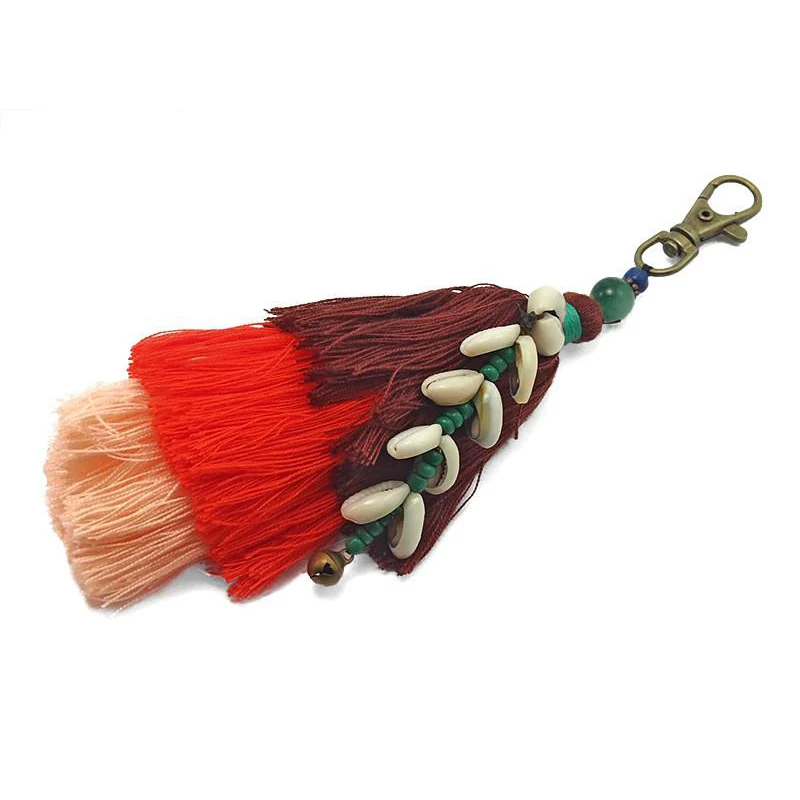 Hilltribe Tassel Keychain With Bell and Cowry Shell, C - Image 5