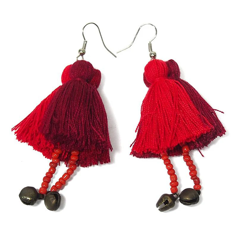 Hilltribe Triple Tassel Earrings With Bells, B - Image 2