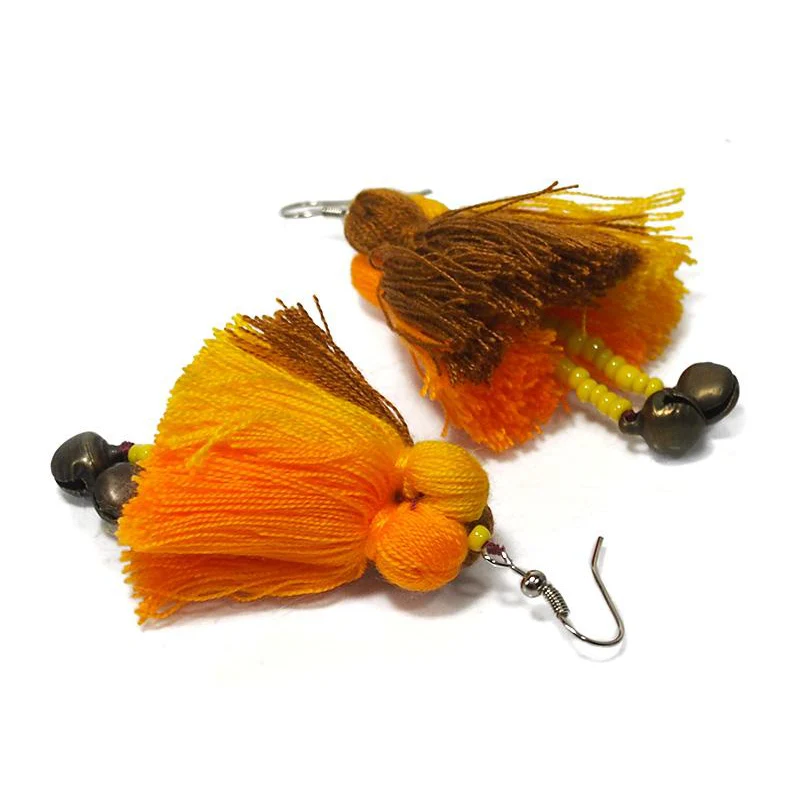 Hilltribe Triple Tassel Earrings With Bells, C - Image 2