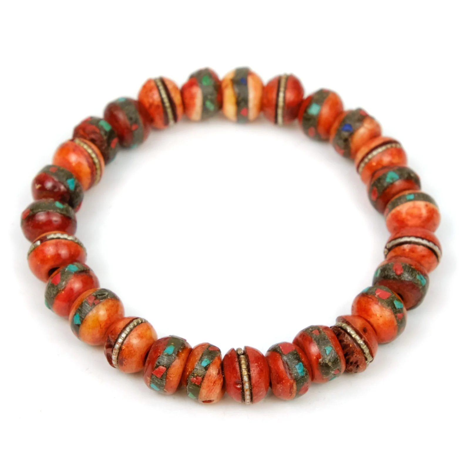 Inlaid Yak Bone Stretch Bracelet 10mm Red - Image 2
