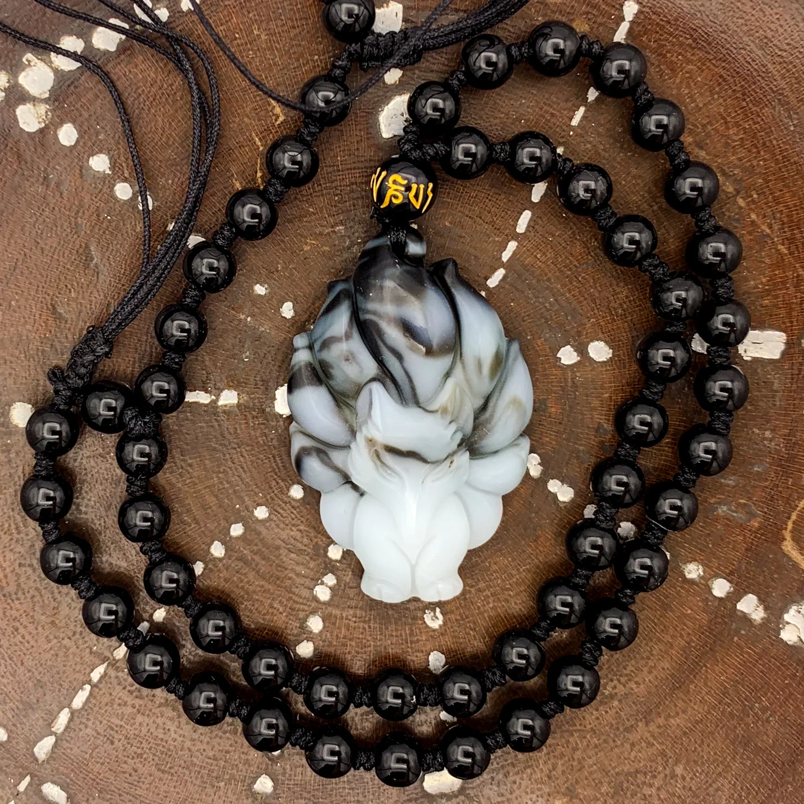 Nine Tail Fox Kitsune Pendant Banded White Agate #798 - Image 3
