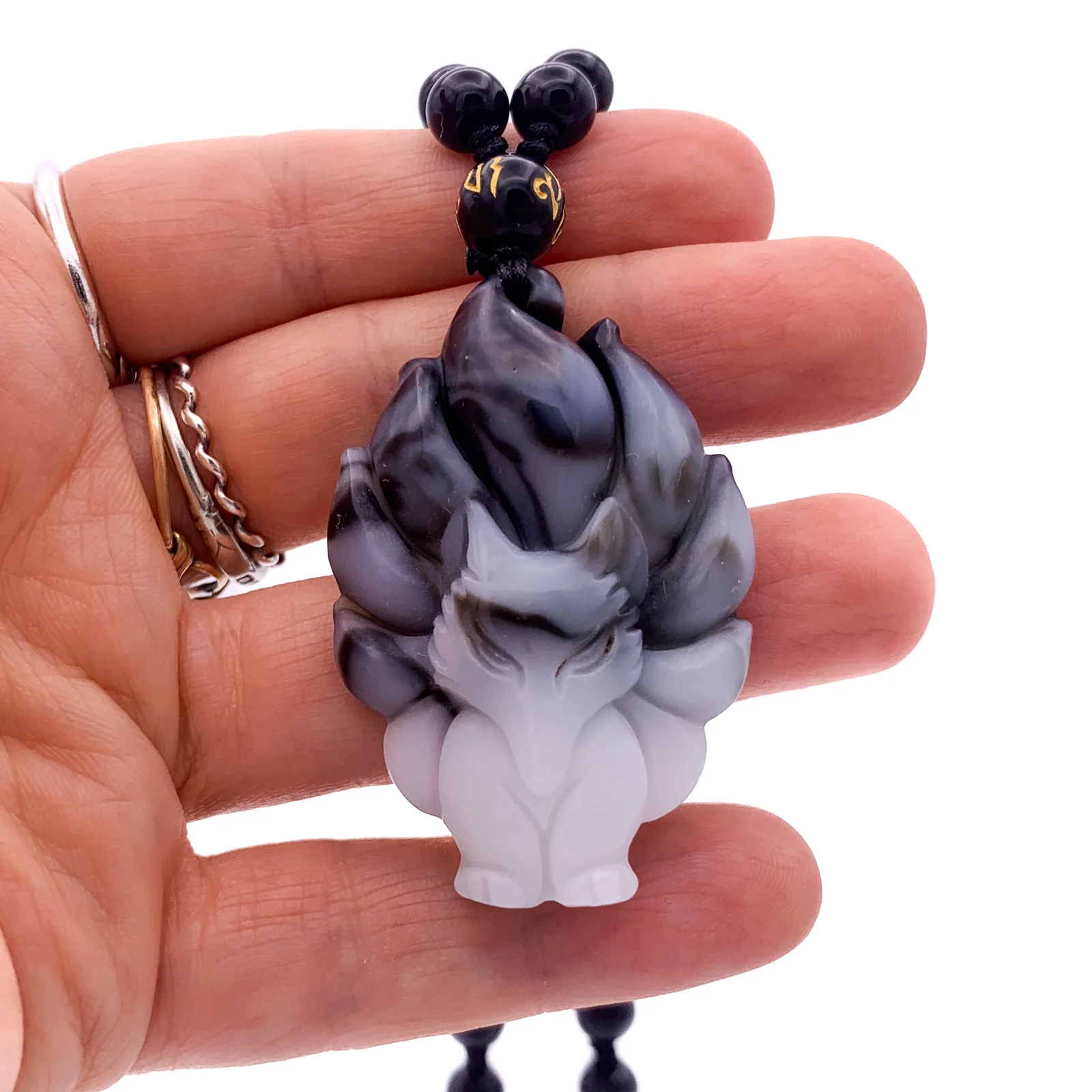 Nine Tail Fox Kitsune Pendant Banded White Agate #798 - Image 6