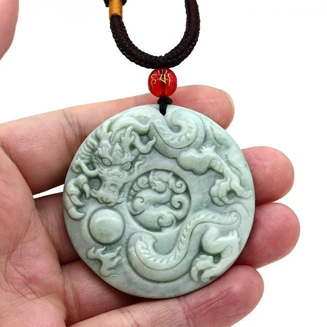 Jade Dragon Chasing the Flaming Pearl Pendant Necklace - Image 2