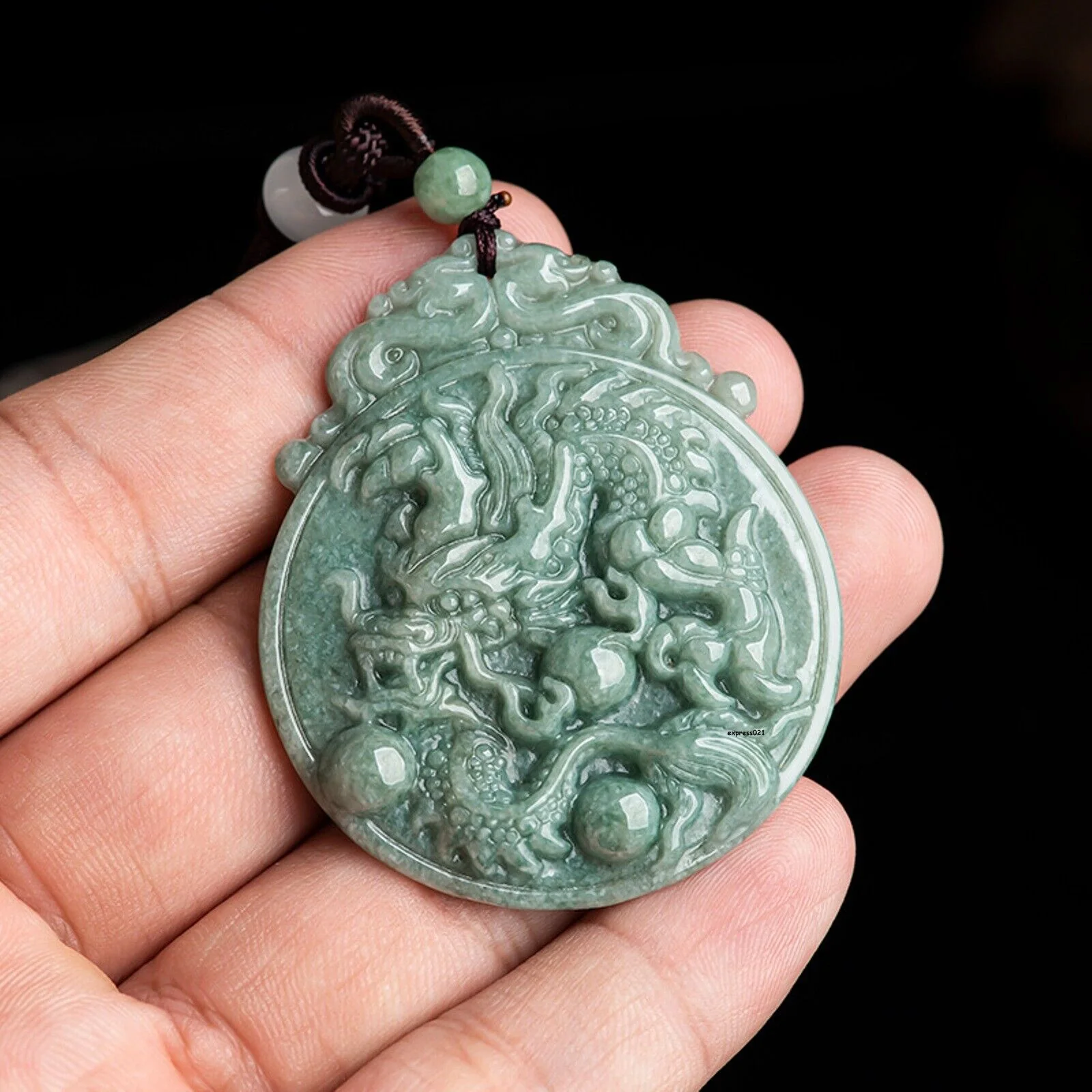 Jade Dragon Chasing the Flaming Pearl Pendant Necklace - Image 2