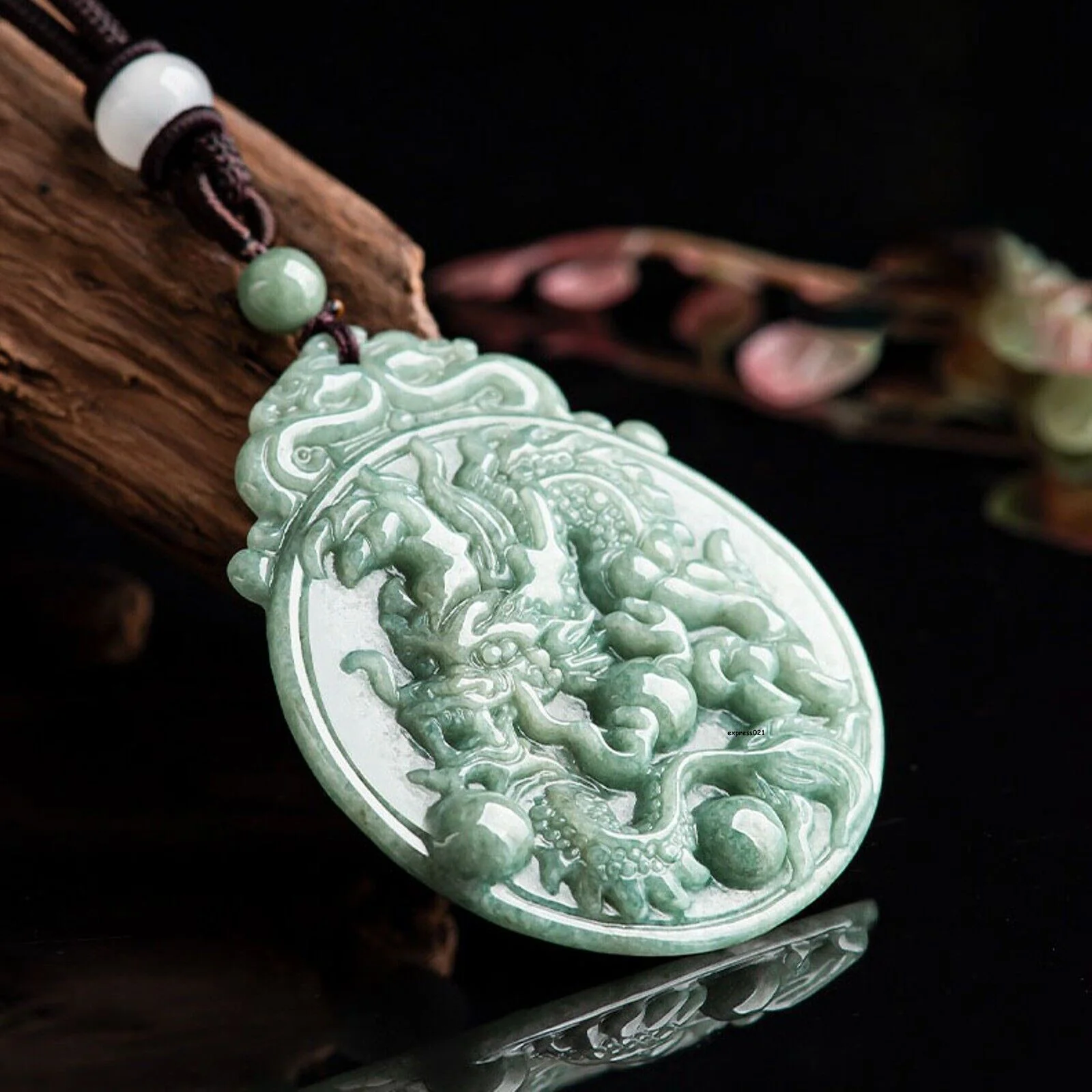 Jade Dragon Chasing the Flaming Pearl Pendant Necklace - Image 3