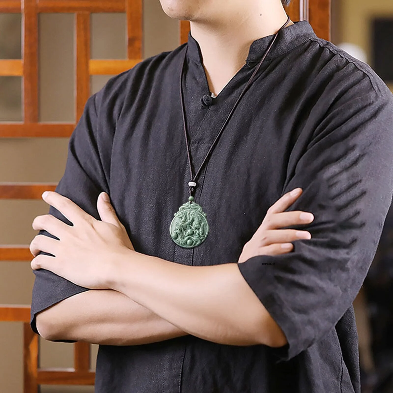 Jade Dragon Chasing the Flaming Pearl Pendant Necklace - Image 5