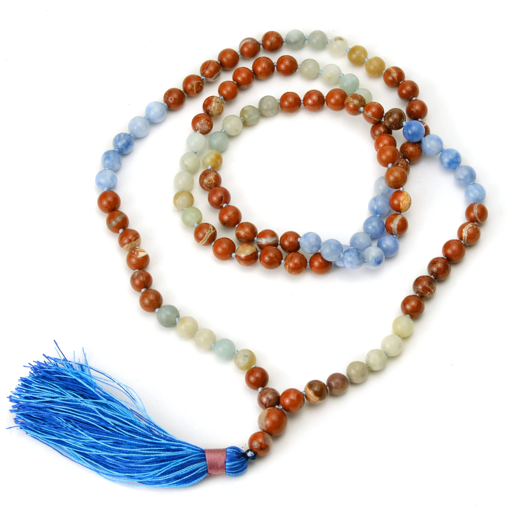 Jasper and Aquamarine 8mm Knotted Mala with Silk Tassel #97 - Image 2