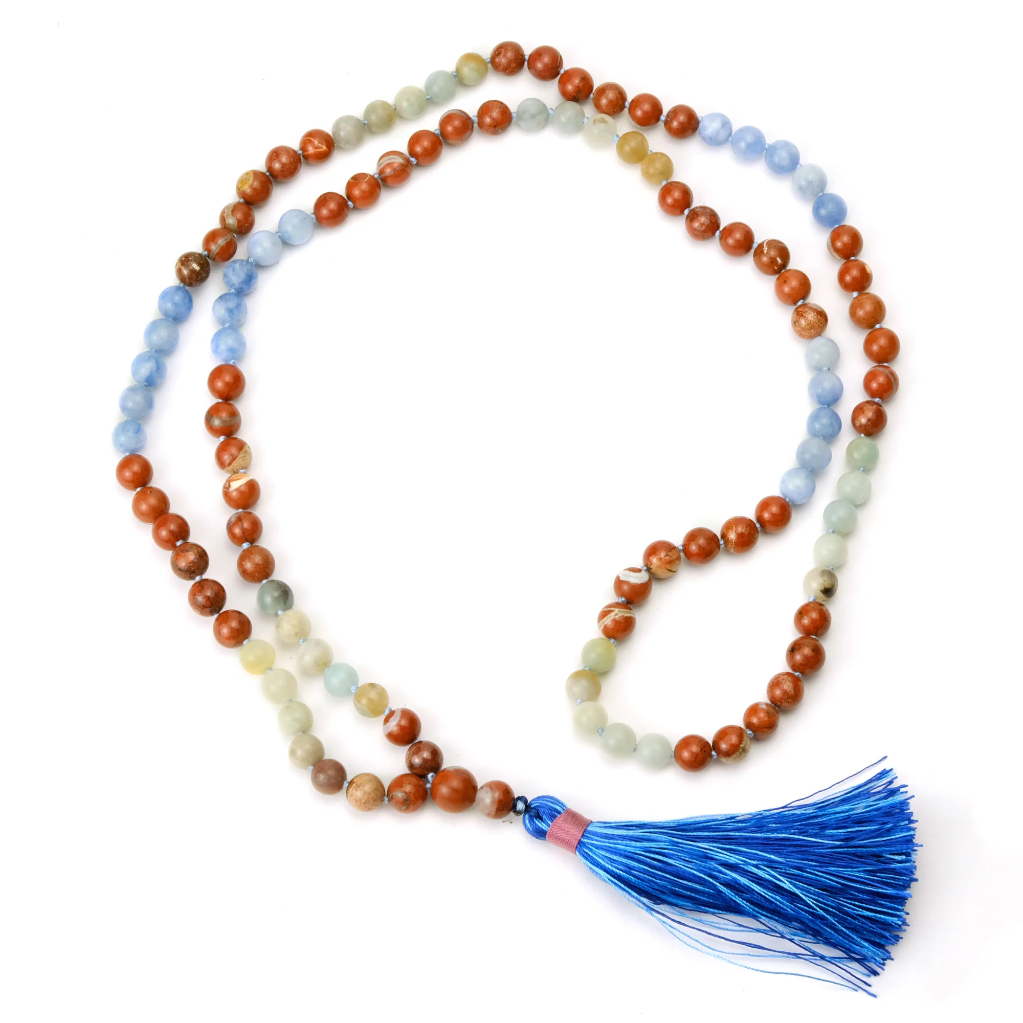 Jasper and Aquamarine 8mm Knotted Mala with Silk Tassel #97 - Image 3