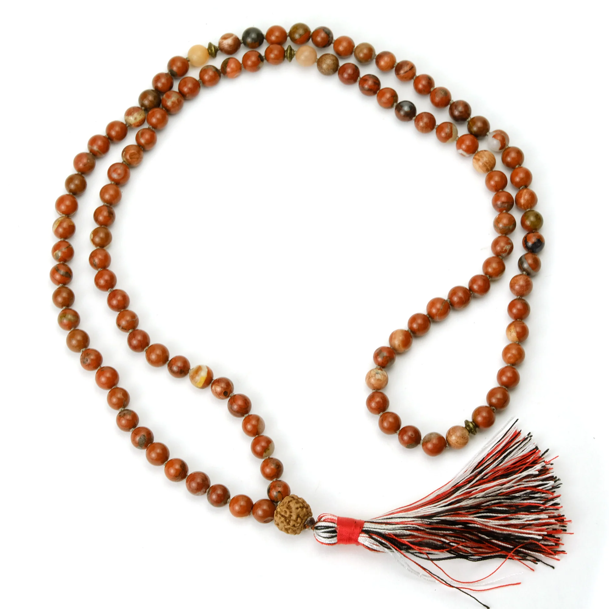 Jasper and Rudraksha 8mm Knotted Mala with Silk Tassel #102 - Image 3