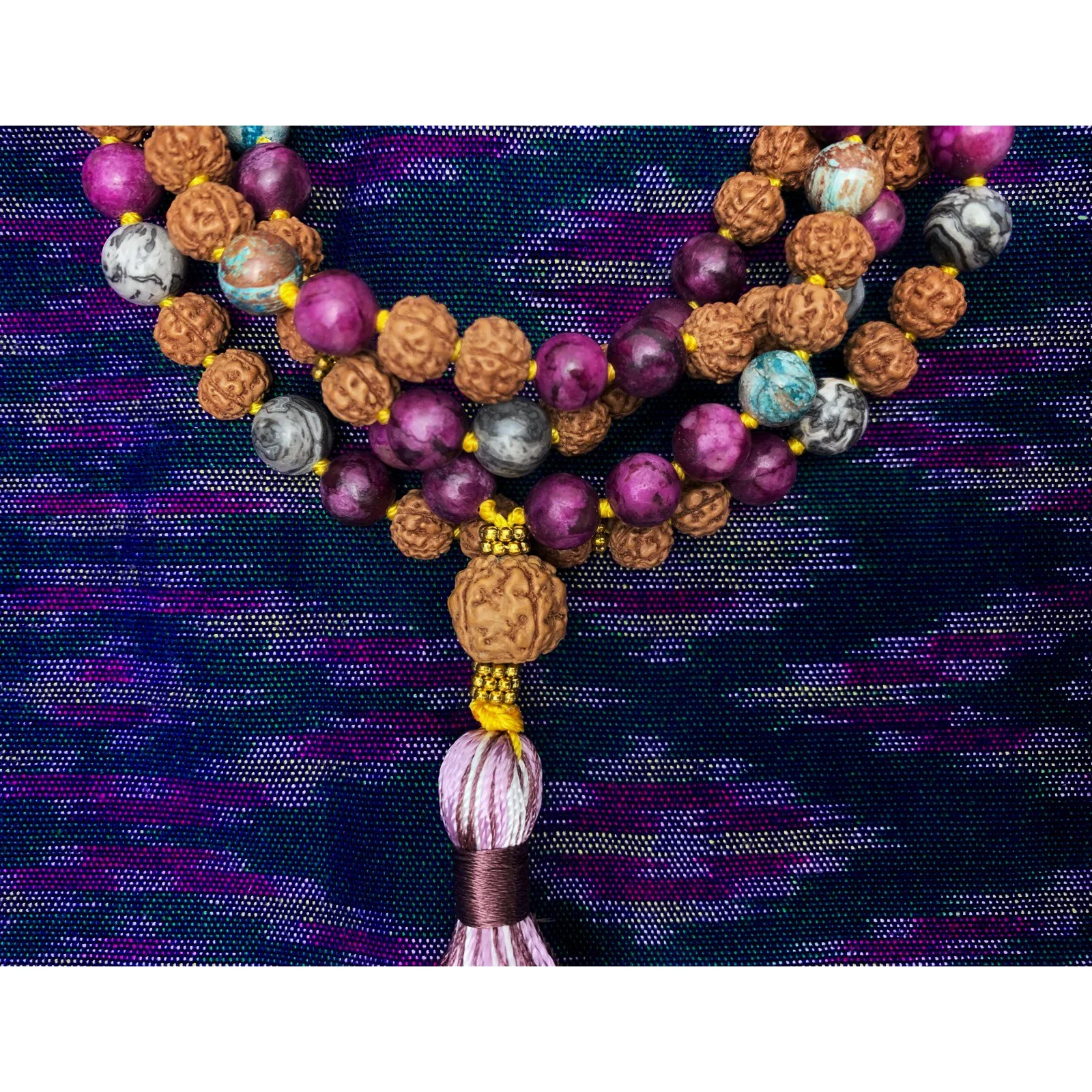 Jasper and Rudraksha 8mm Knotted Mala with Silk Tassel #76 - Image 3