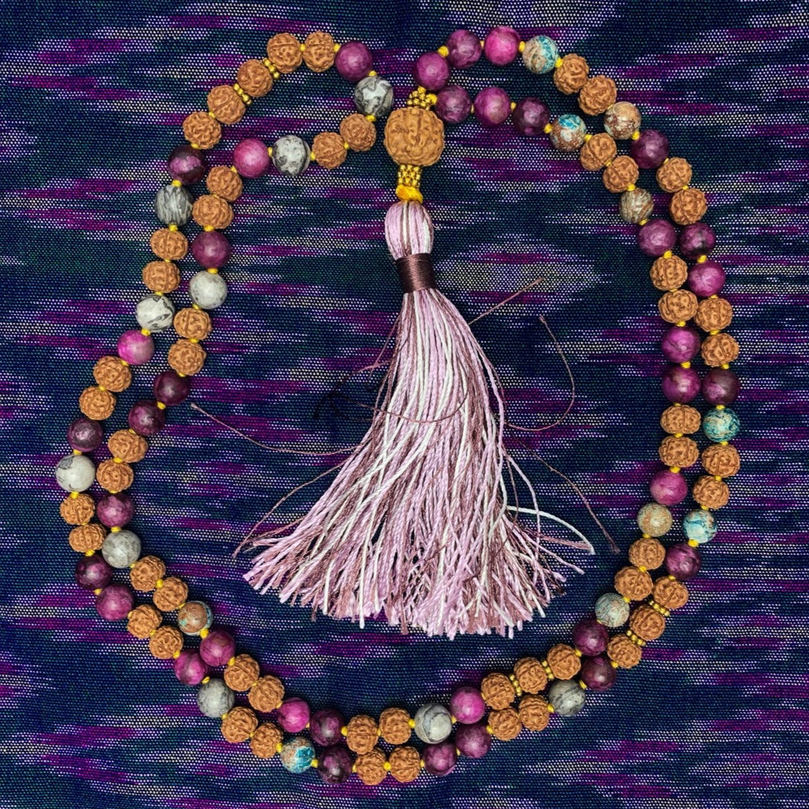 Jasper and Rudraksha 8mm Knotted Mala with Silk Tassel #76 - Image 4