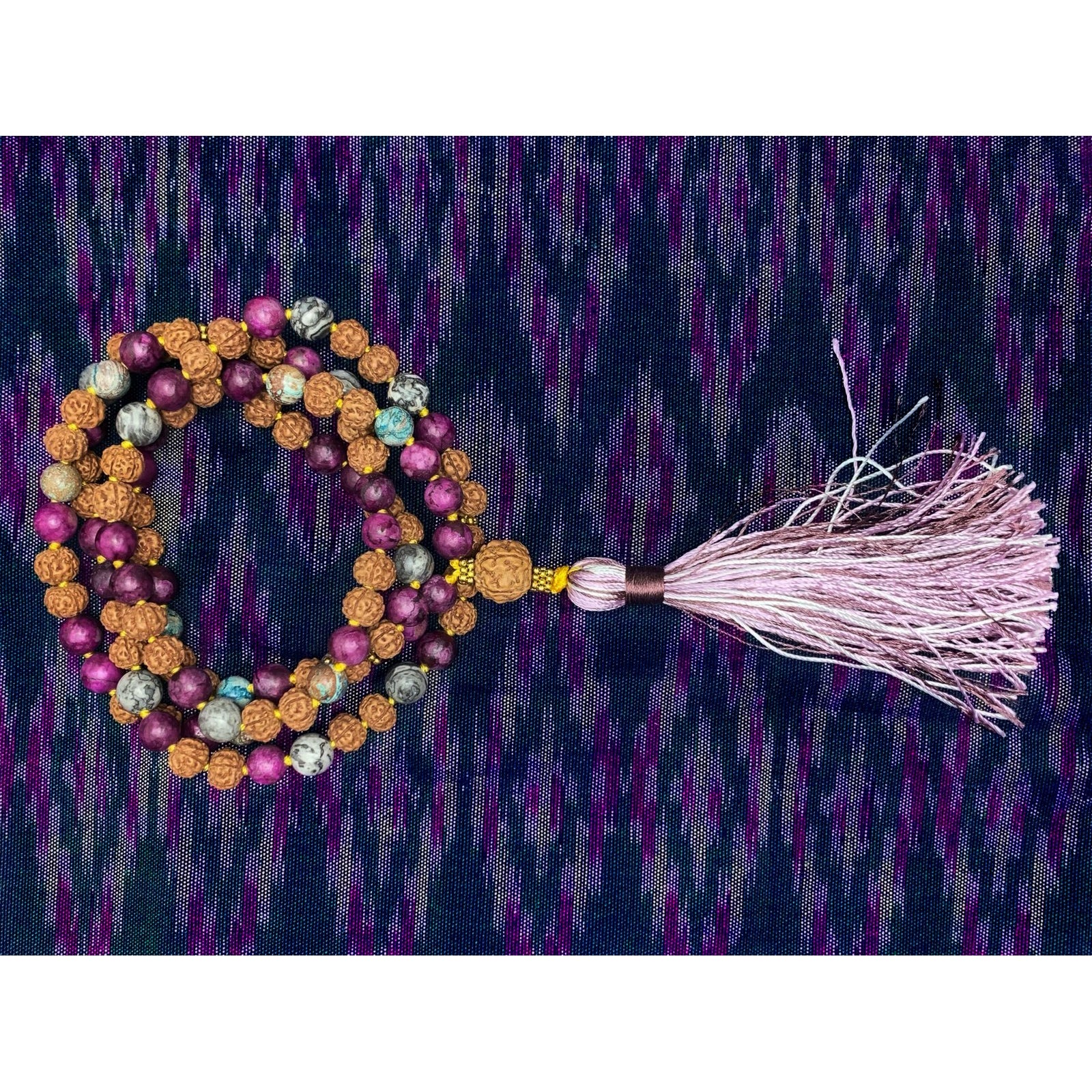 Jasper and Rudraksha 8mm Knotted Mala with Silk Tassel #76 - Image 5