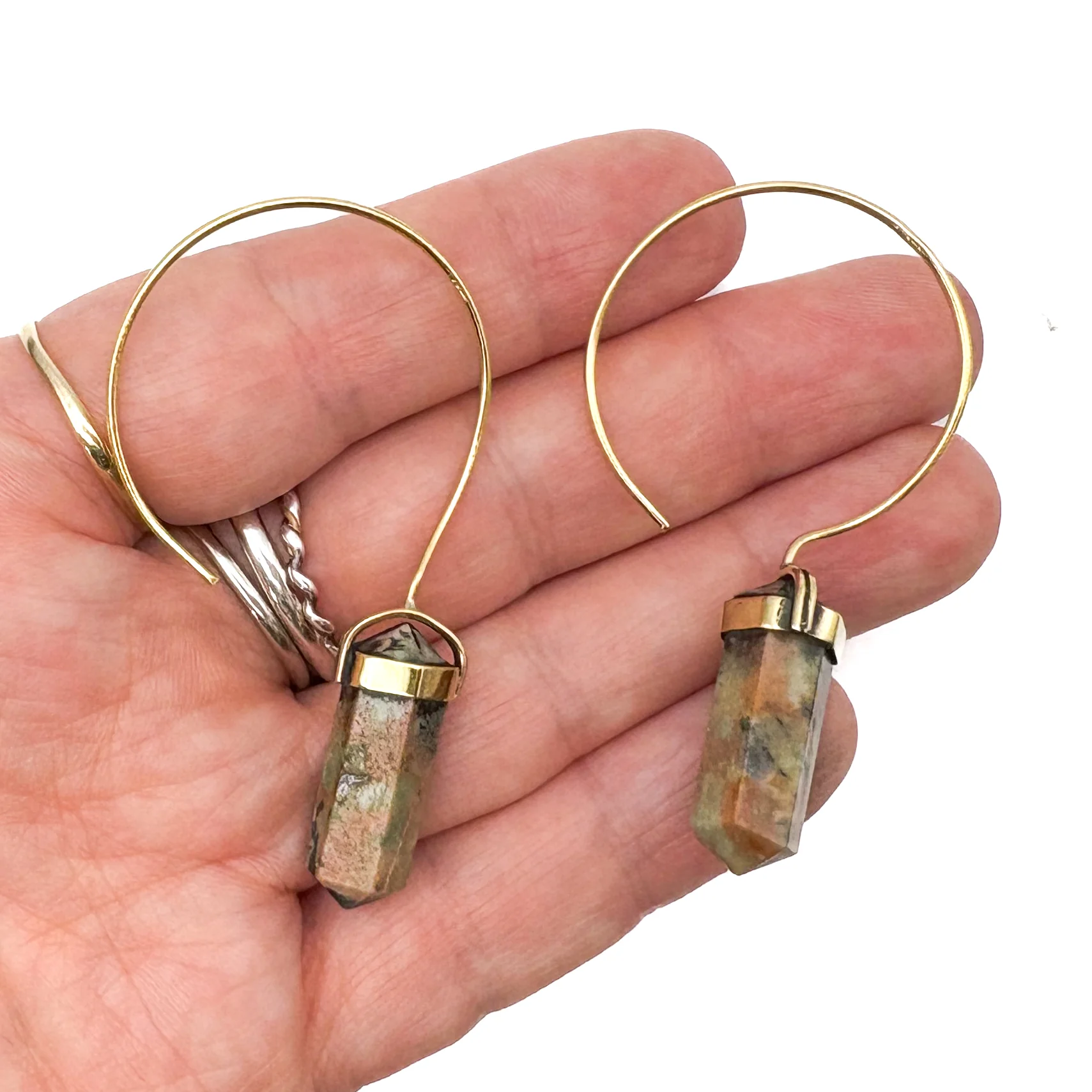 Jasper Crystal Point Brass Hoop Earrings - Image 9
