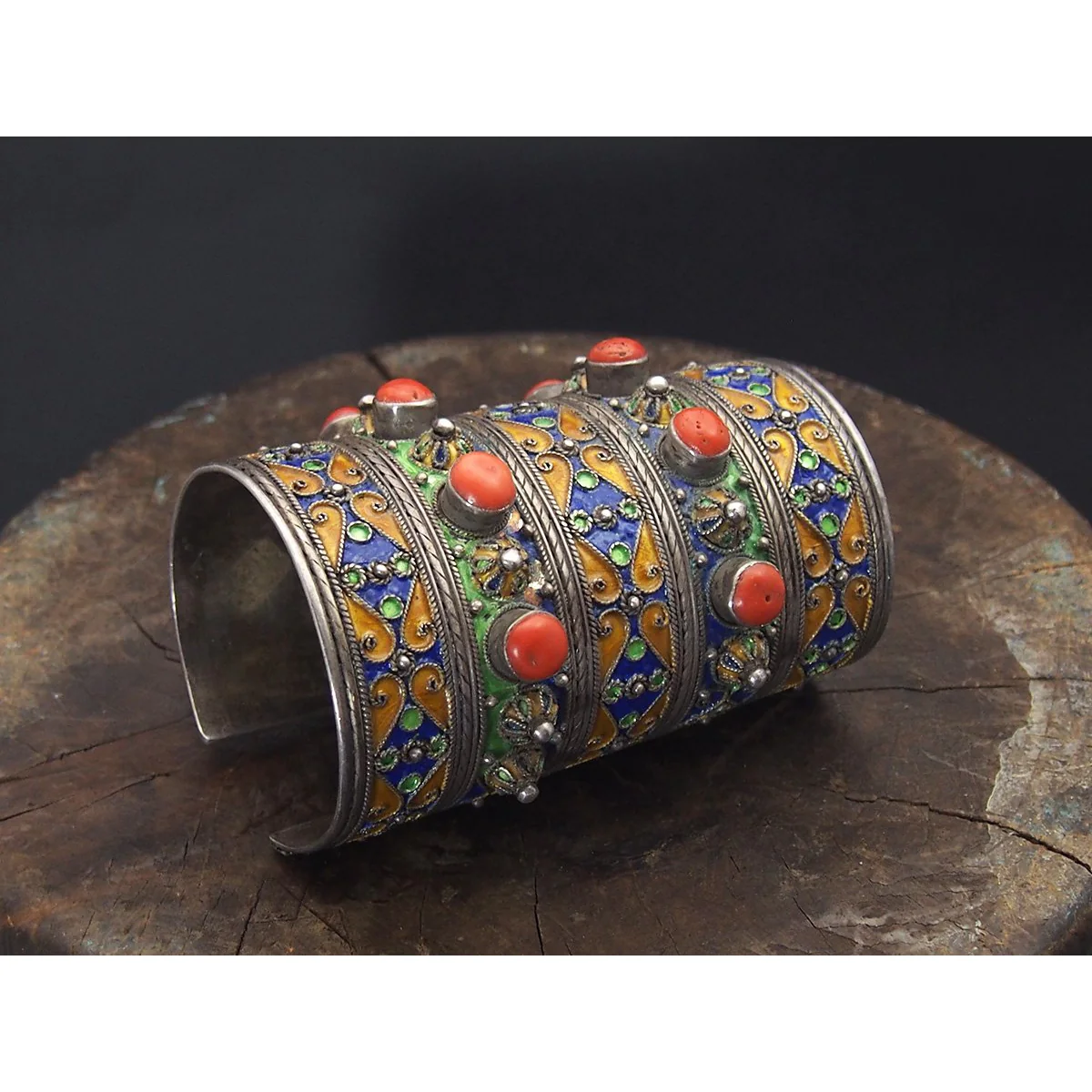 Kabyle Silver Enameled Coral Cuff Bracelet from Algeria - Image 2