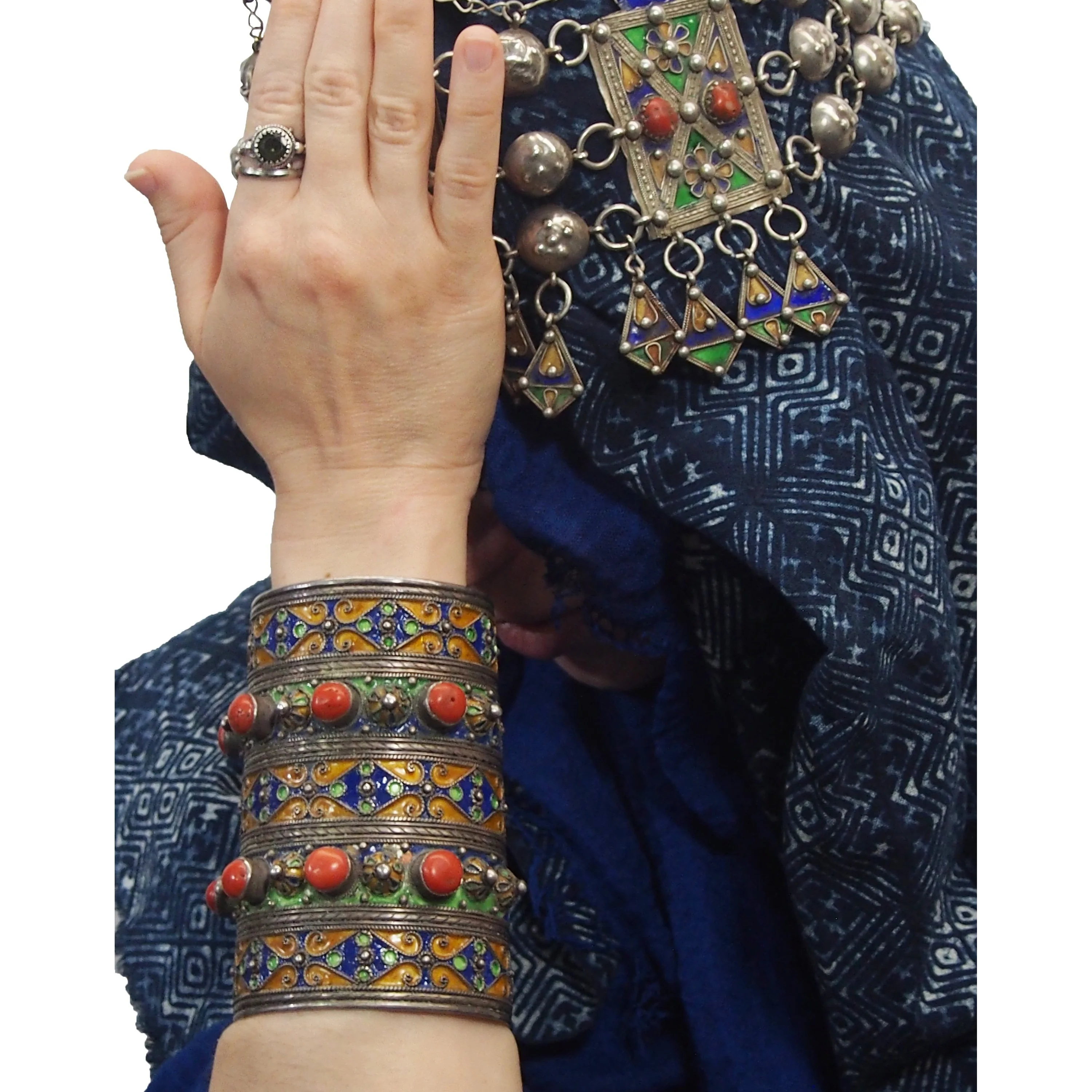 Kabyle Silver Enameled Coral Cuff Bracelet from Algeria - Image 3