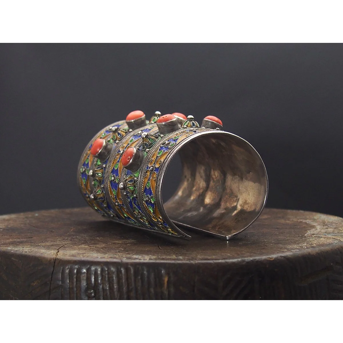 Kabyle Silver Enameled Coral Cuff Bracelet from Algeria - Image 4