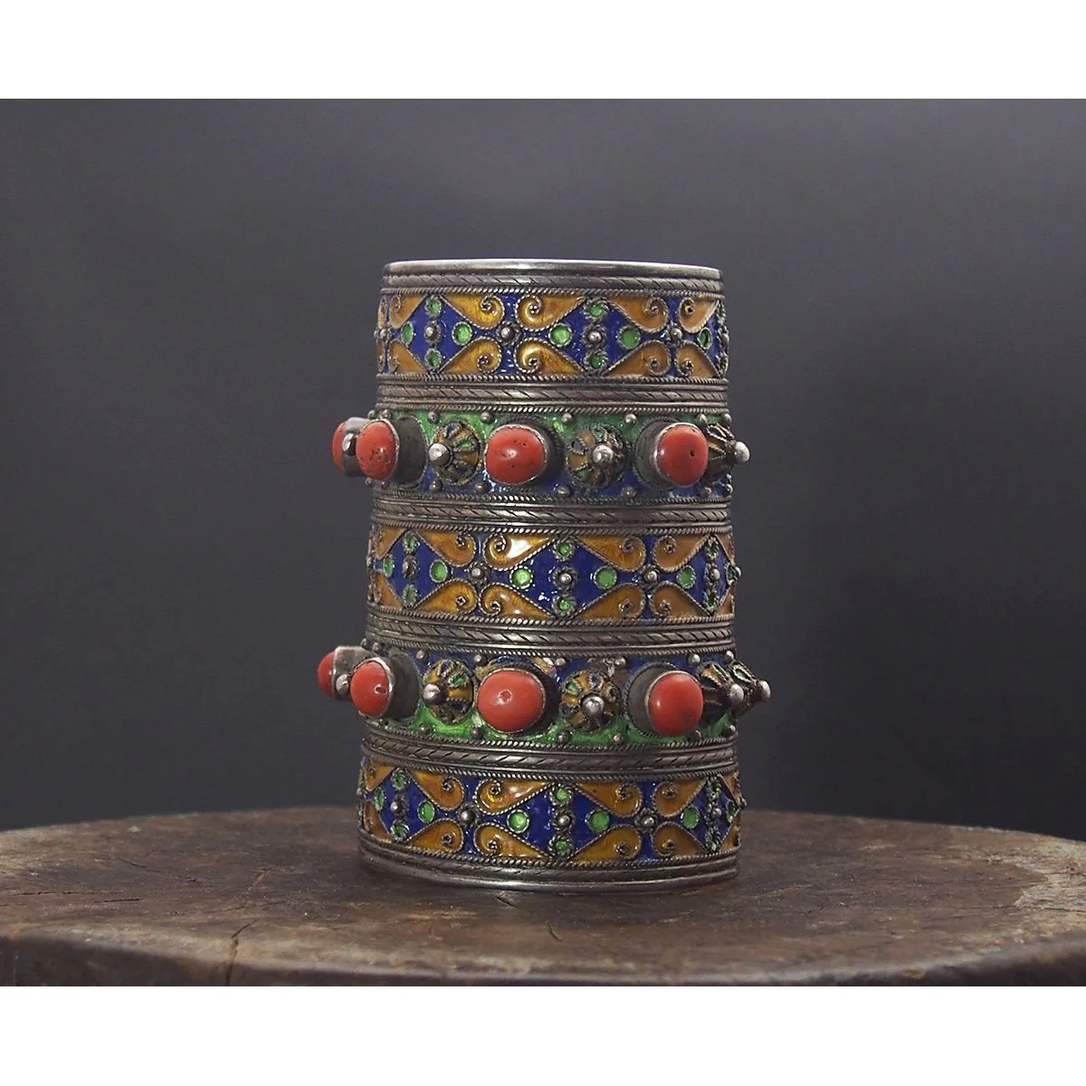 Kabyle Silver Enameled Coral Cuff Bracelet from Algeria - Image 5