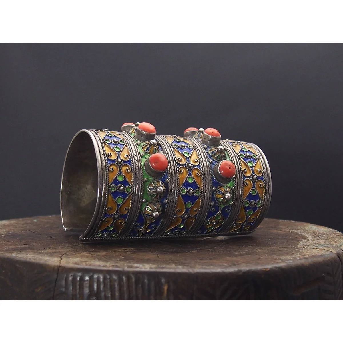 Kabyle Silver Enameled Coral Cuff Bracelet from Algeria - Image 7