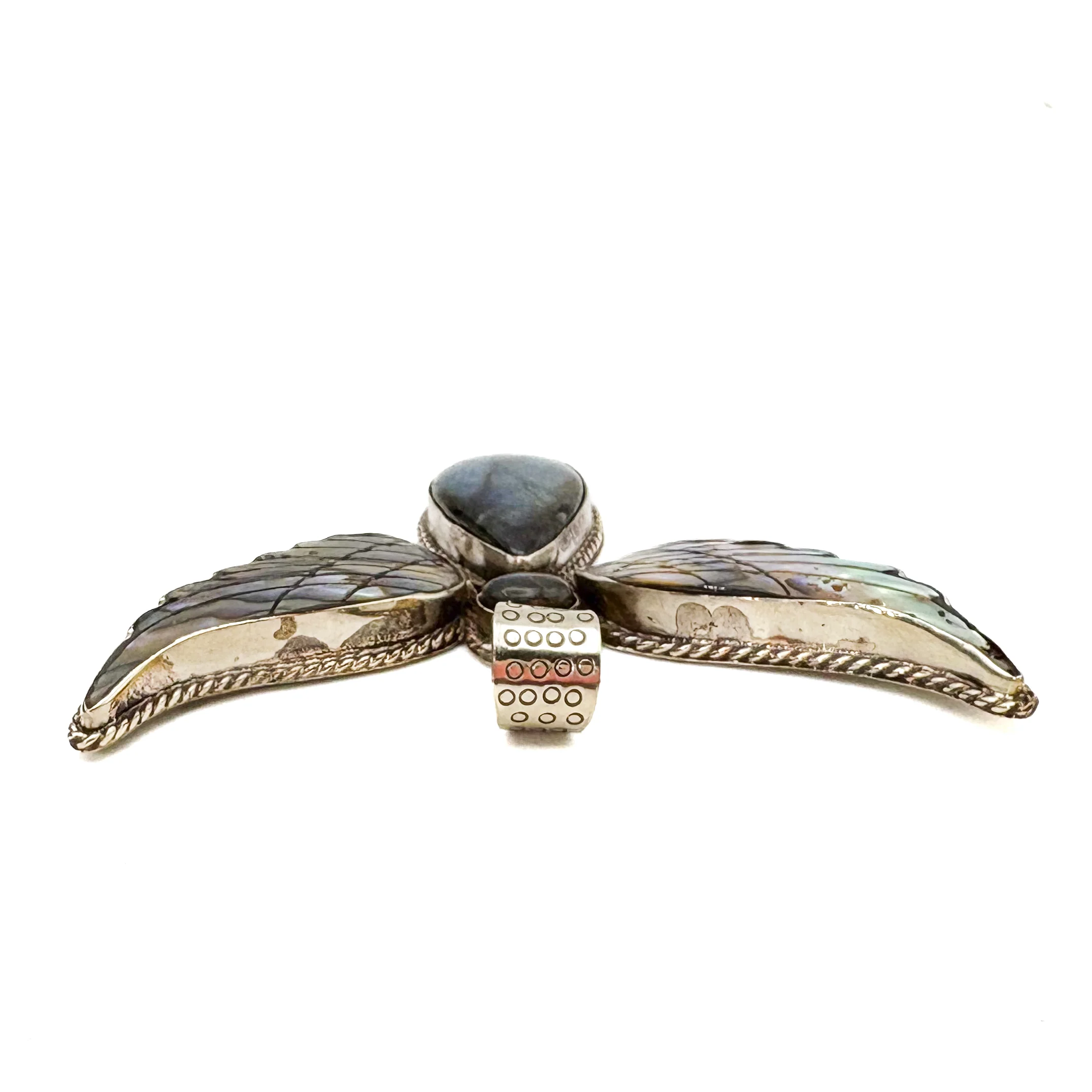Labradorite and Abalone Brass Winged Pendant Amulet - Image 10