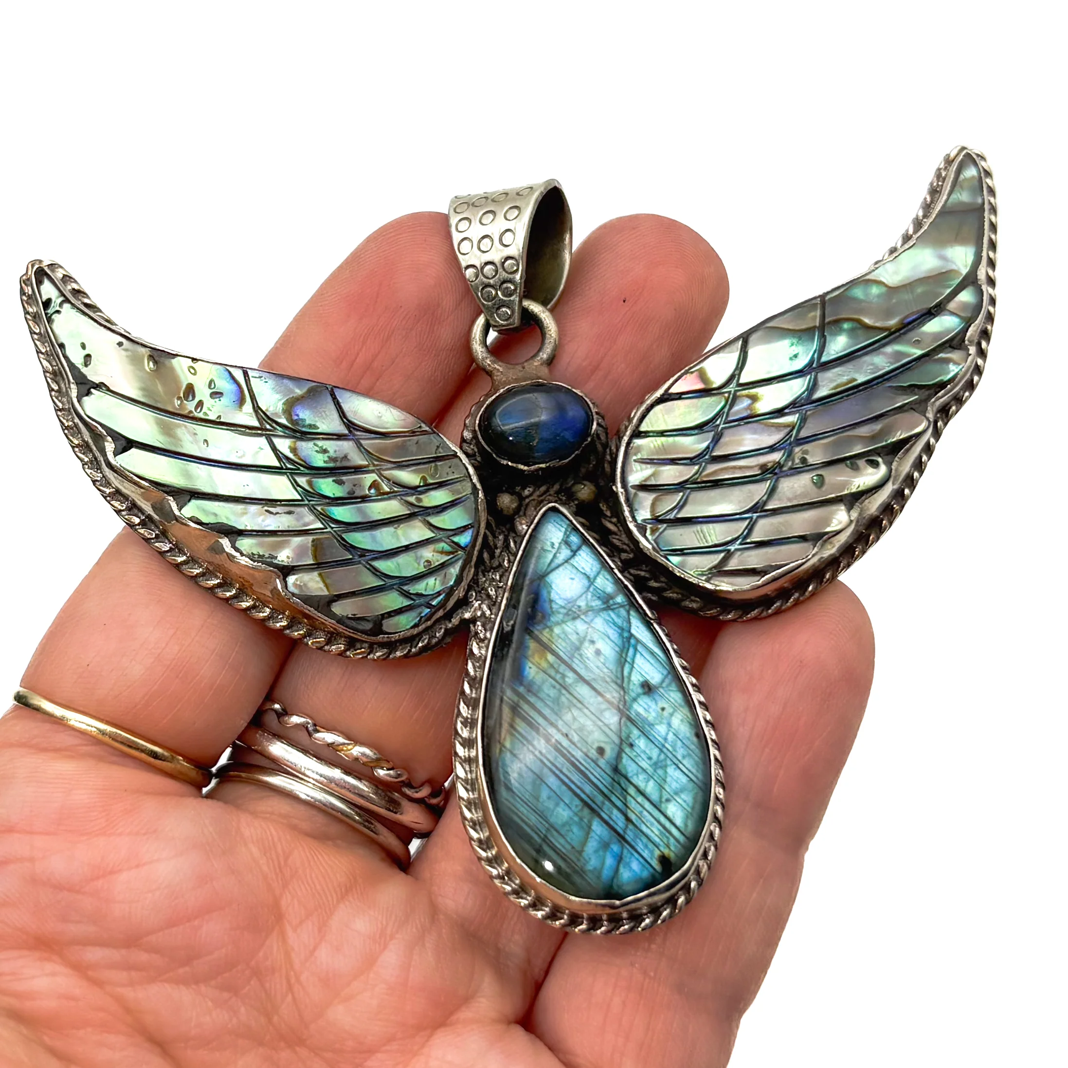 Labradorite and Abalone Brass Winged Pendant Amulet - Image 11