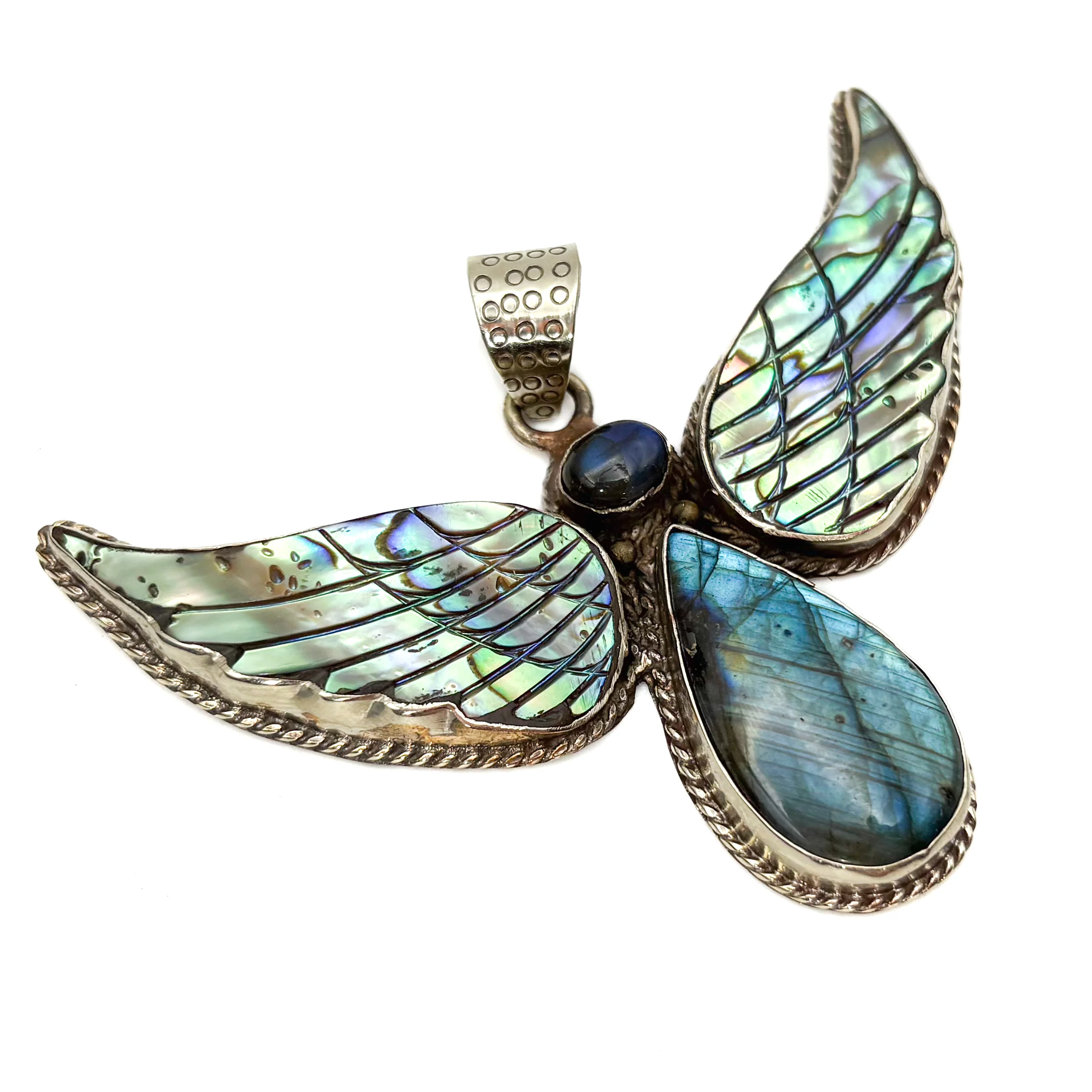 Labradorite and Abalone Brass Winged Pendant Amulet - Image 2