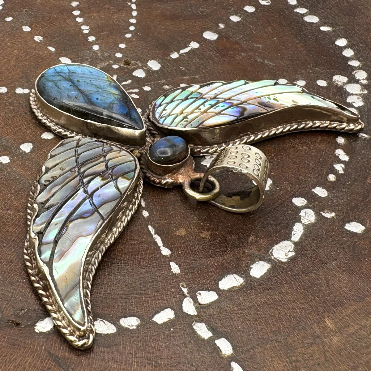 Labradorite and Abalone Brass Winged Pendant Amulet - Image 3