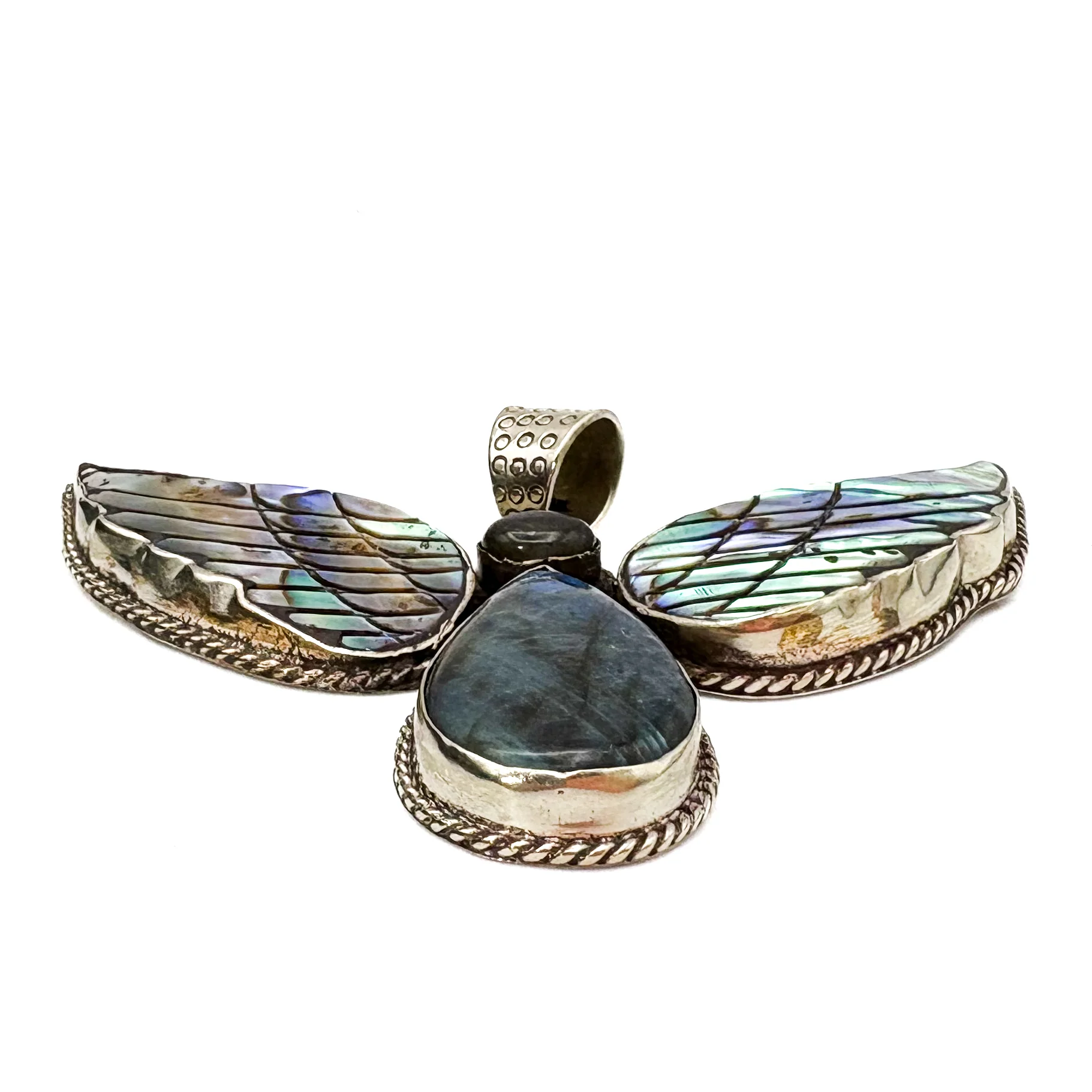 Labradorite and Abalone Brass Winged Pendant Amulet - Image 4
