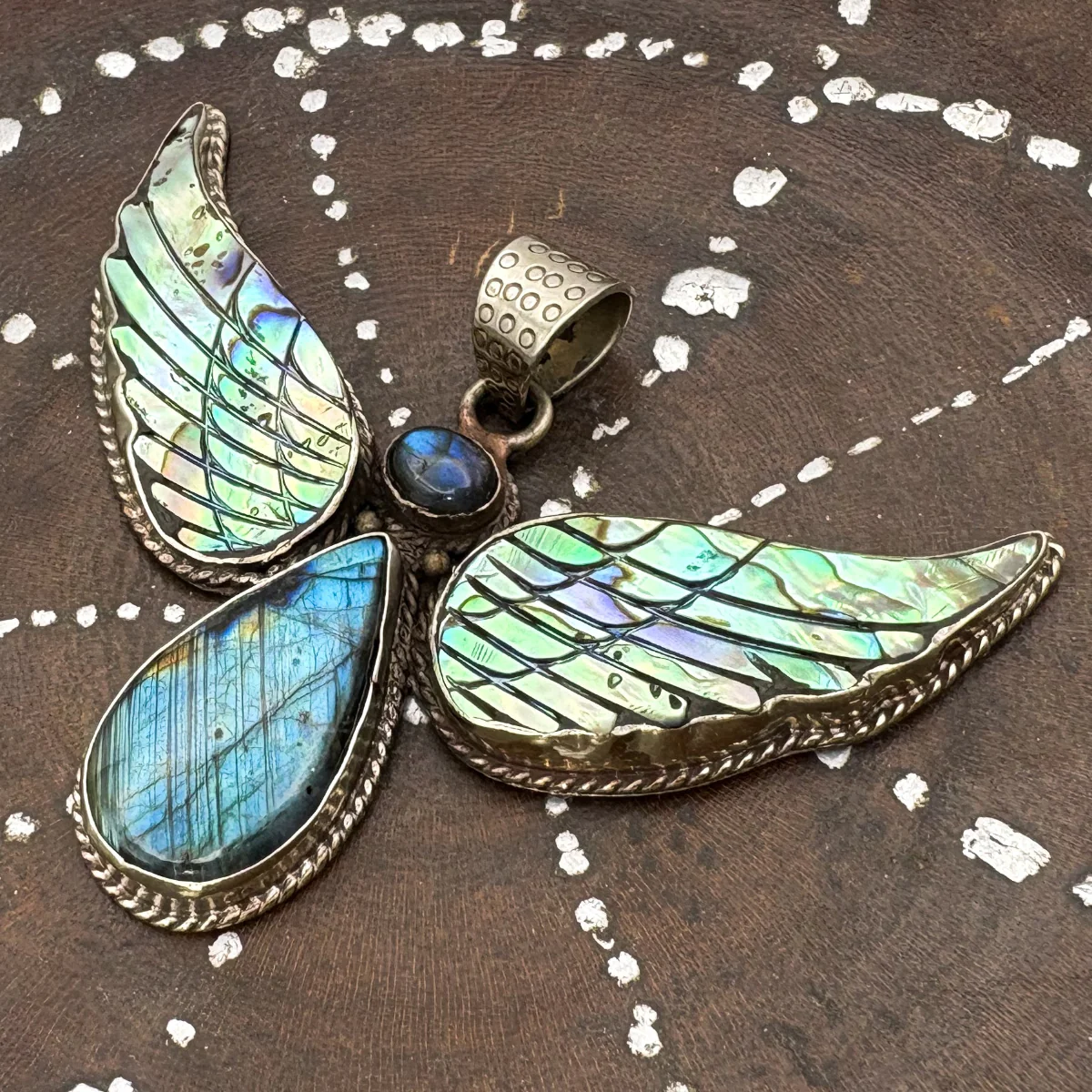 Labradorite and Abalone Brass Winged Pendant Amulet - Image 5