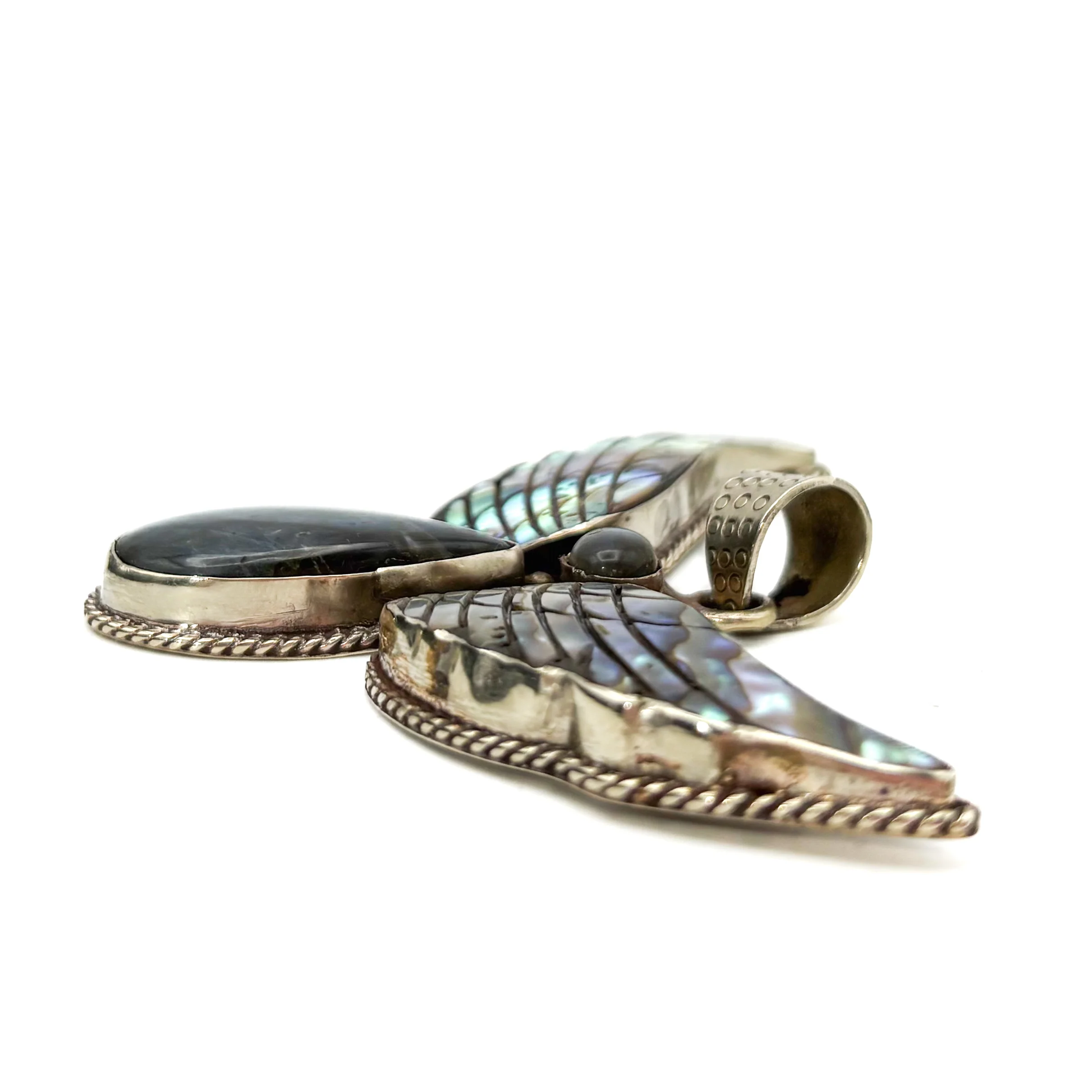 Labradorite and Abalone Brass Winged Pendant Amulet - Image 6