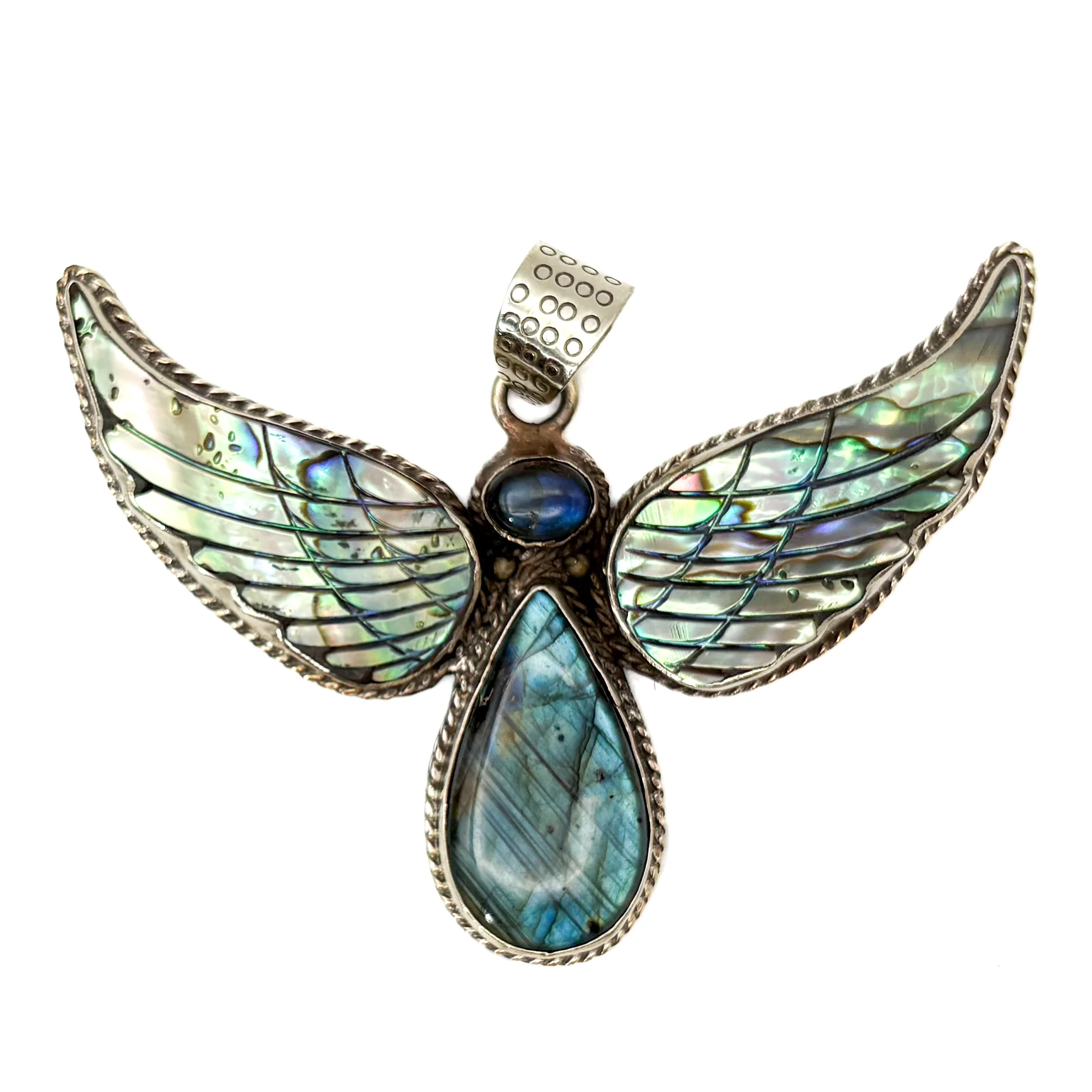 Labradorite and Abalone Brass Winged Pendant Amulet - Image 7